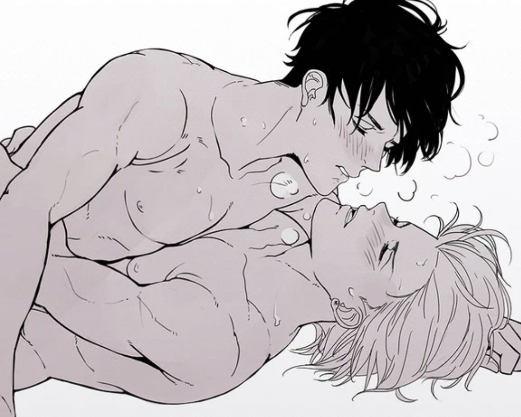 ash_lynx banana_fish biting_lip blush blushing eiji_okumura eyes_closed gay hands_on_back implied_anal implied_penetration implied_sex monochrome romantic sweat tagme yaoi