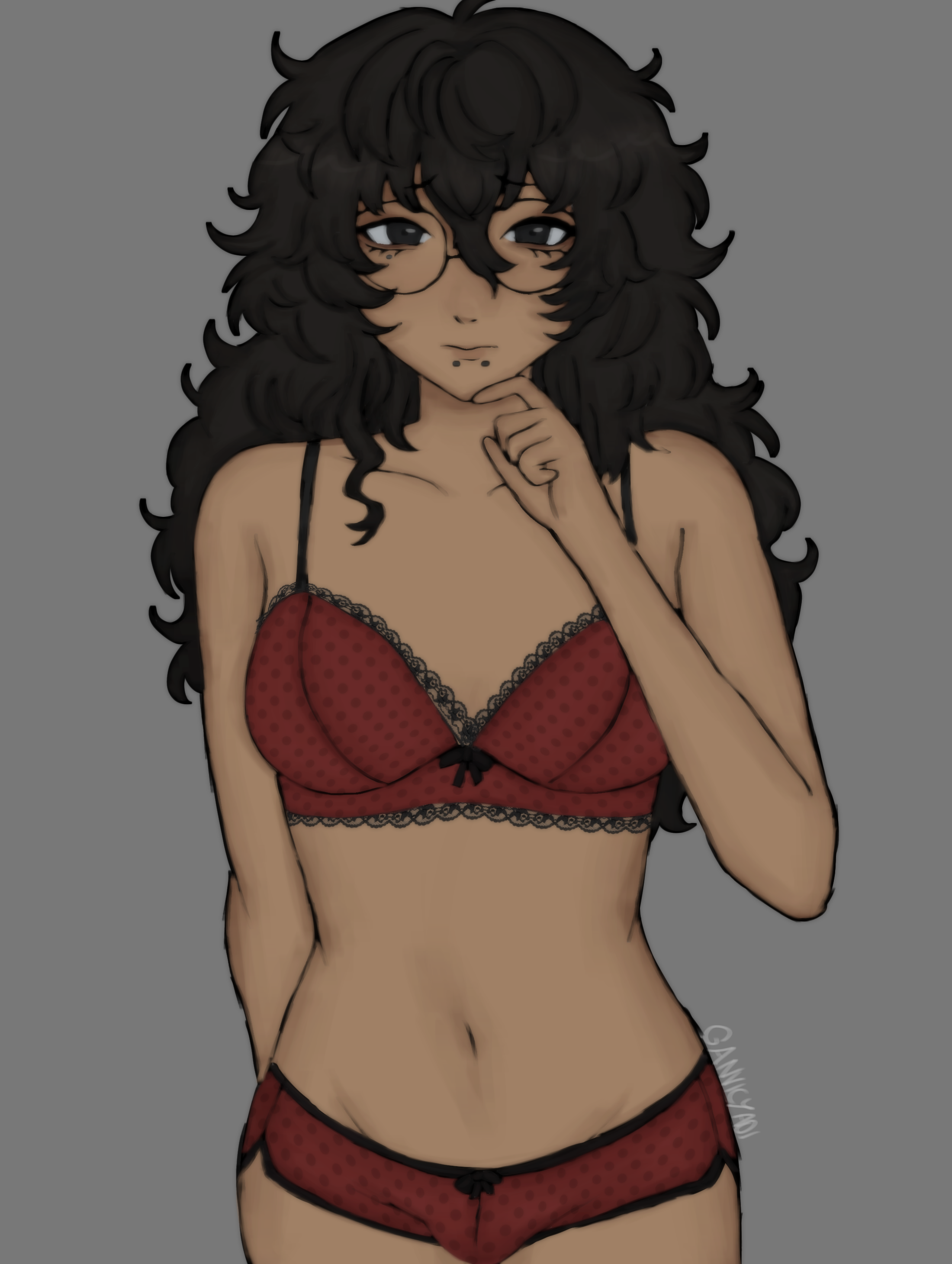 alternate version available, artist upload, black hair, bulge, bulge in panties, futanari, ganvicyaoi, glasses, headcanon, intersex, joker (persona), persona, persona 5, piercings, red bra, red underwear, redraw, ren amamiya, rule 63, self upload, solo futa, trans woman, transfem