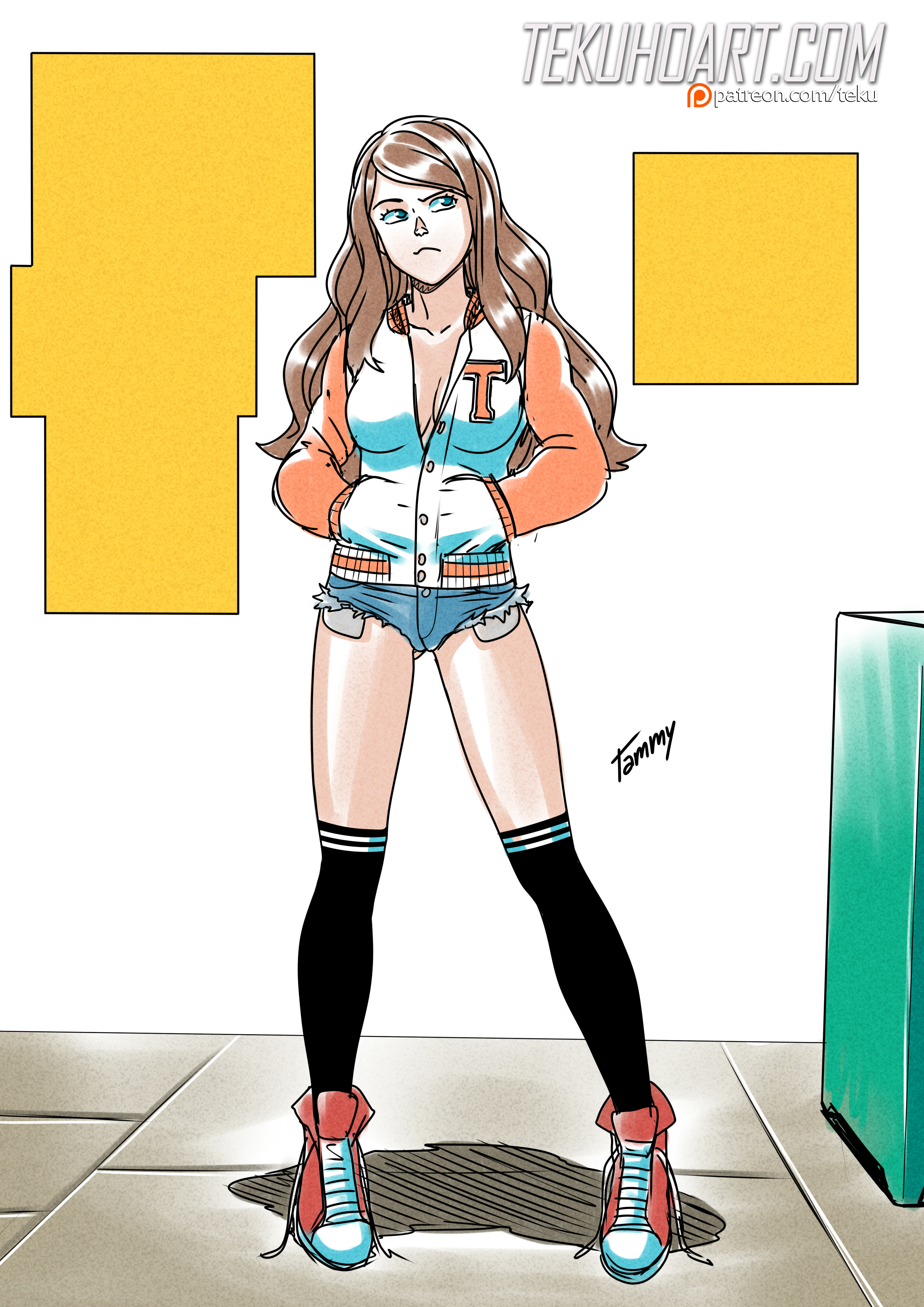 blue eyes, brown hair, converse, female, kneehighs, original, short shorts, solo, solo female, tammy (tekuho), tekuho