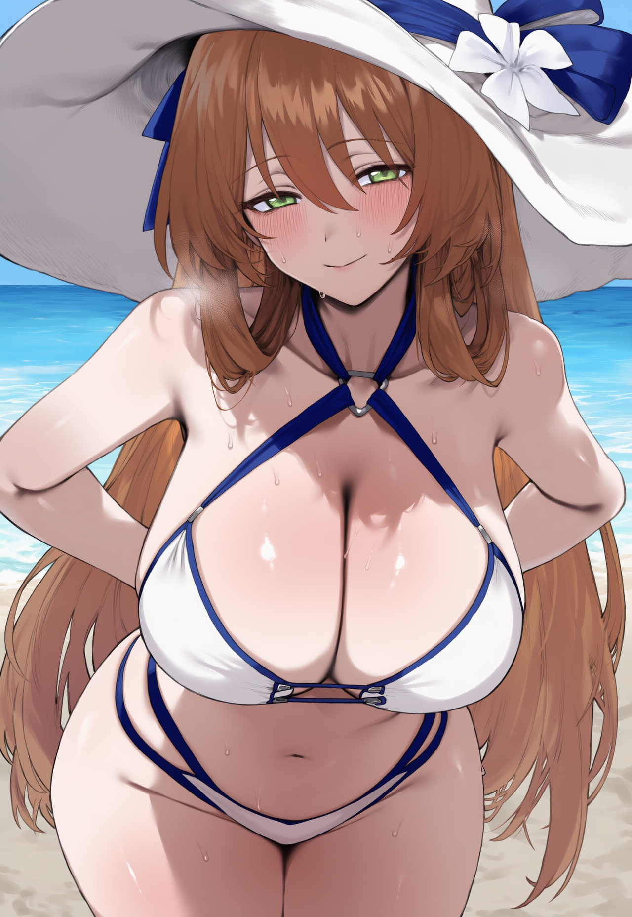 1girls, ai generated, big breasts, breasts, brown hair, female, female focus, girls' frontline, green eyes, huge breasts, large breasts, light-skinned female, long hair, looking at viewer, navel, smiling, smiling at viewer, springfield (girls' frontline), springfield (stirring mermaid) (girls' frontline), thick thighs, thighs, truck kun, wide hips
