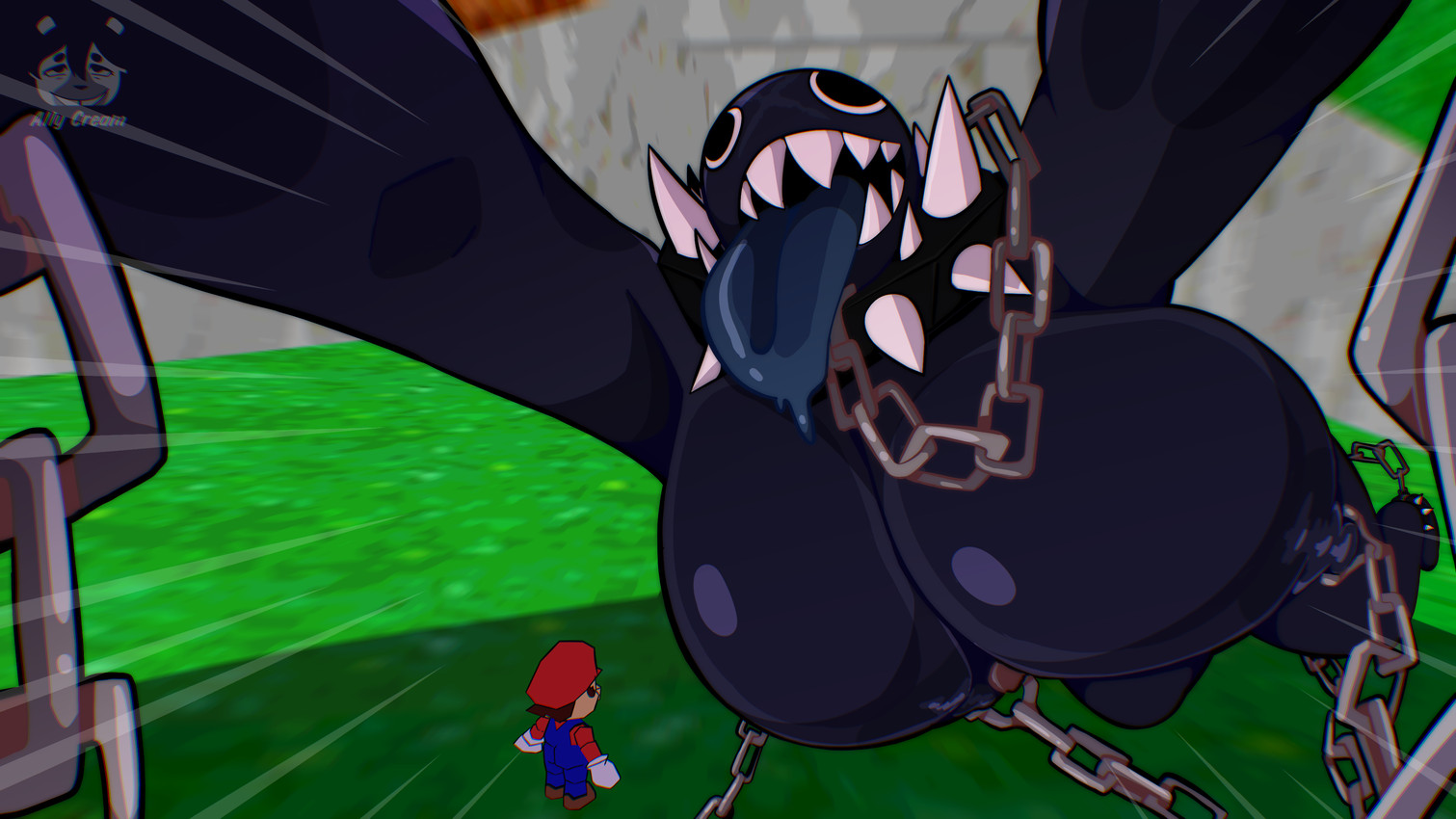 16:9, 4k, absurd res, ally cream, anthro, big breasts, breasts, chain chomp, colored, digital drawing (artwork), digital media (artwork), duo, female, female anthro, female focus, gigi (thecoatl034), hi res, huge breasts, human, hyper, hyper breasts, imminent death, male, male human, male/female, mammal, mario, mario bros, mature anthro, mature female, nintendo, open mouth, pose, shaded, widescreen