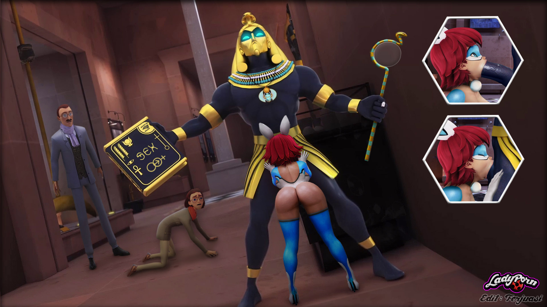 alim kubdel, alix kubdel, ass, blowjob, breasts, bunnyx (character), closed eyes, deepthroat, erection, fellatio, female, ferjuasi, huge ass, huge breasts, jalil kubdel, ladyporn, male, miraculous ladybug, penis, pharaoh (miraculous ladybug), uncensored