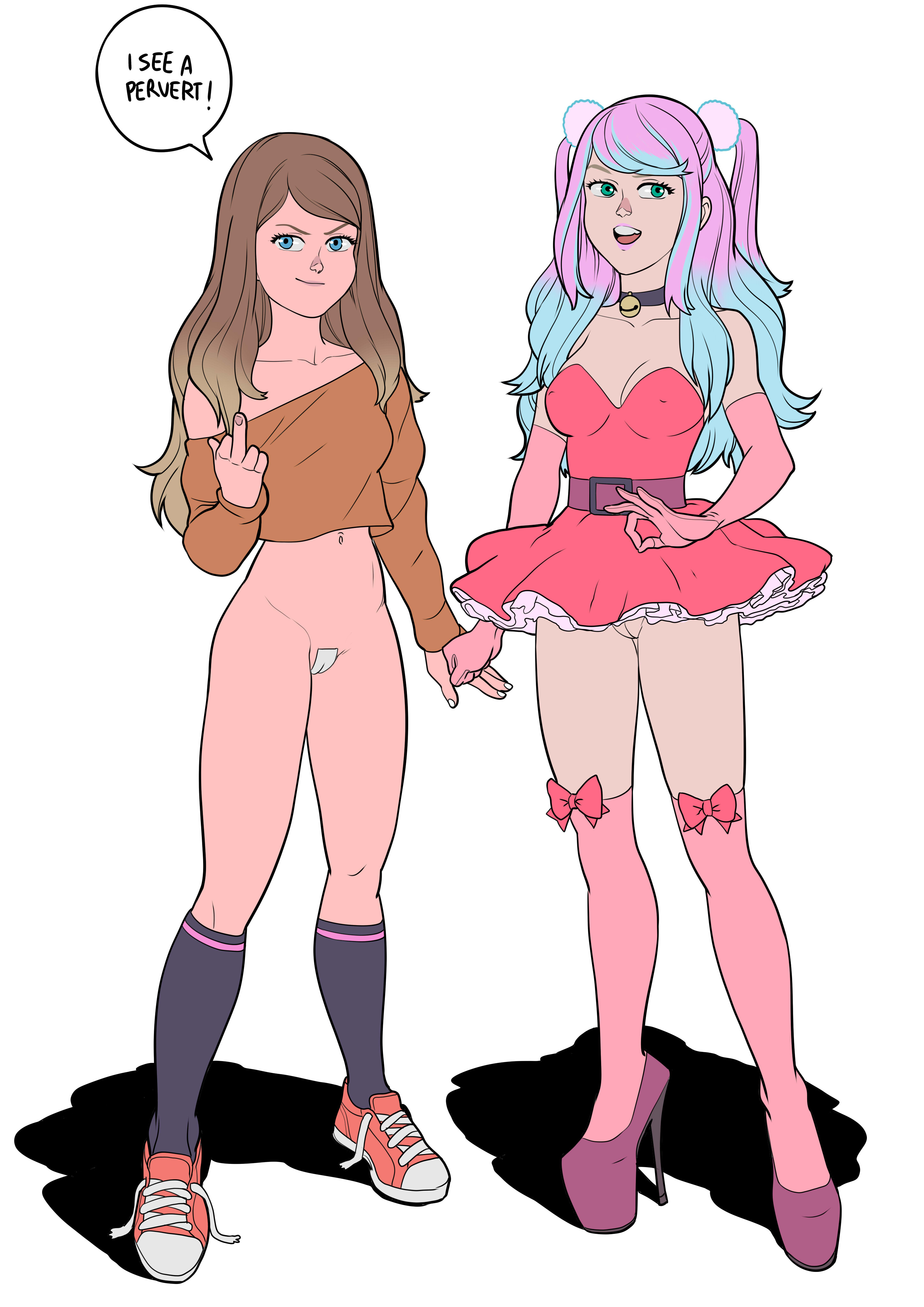 2girls, bandaid on pussy, blue eyes, bottomless, breasts, brown hair, choker, cleavage, covered nipples, dress, english text, female, full body, green eyes, high heels, looking at viewer, maebari, middle finger, multiple females, multiple girls, no panties, original, platform heels, pussy, standing, tammy (tekuho), tekuho