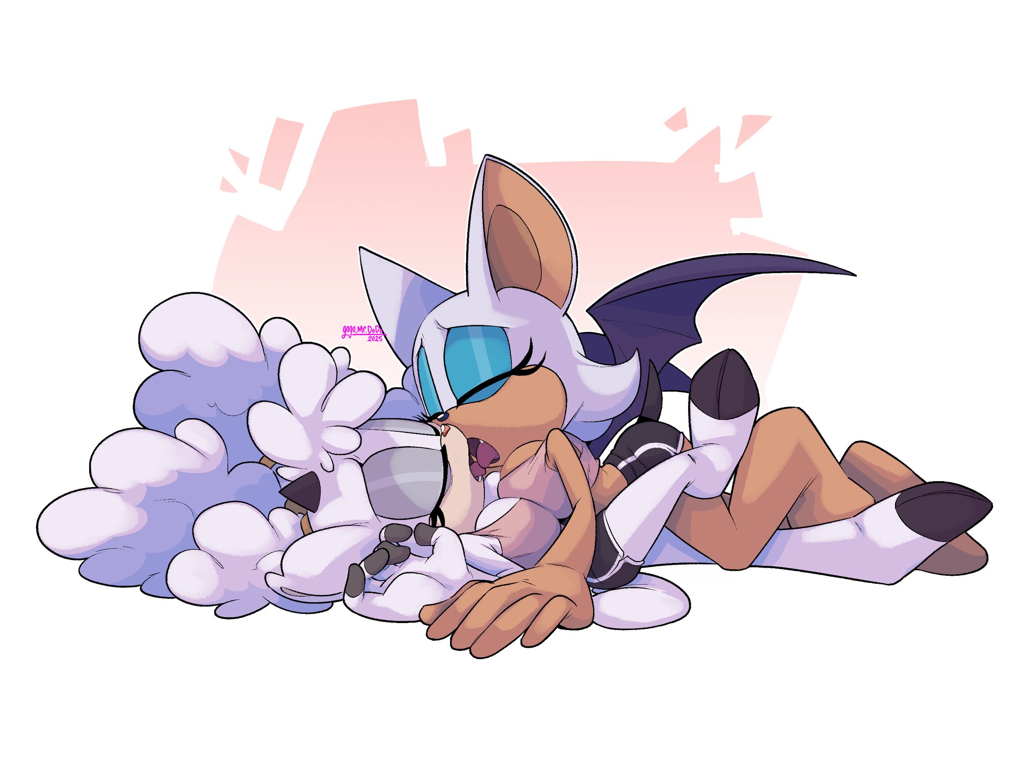 bat, eyeshadow, female, french kiss, gogomrdodo, gym clothes, gym shorts, horns, kissing, lanolin the sheep, mobian, mobian (species), pink shirt, poofy hair, rouge the bat, sheep, sonic (series), sonic the hedgehog (idw), sonic the hedgehog (series), white body, white hair, wings, yuri