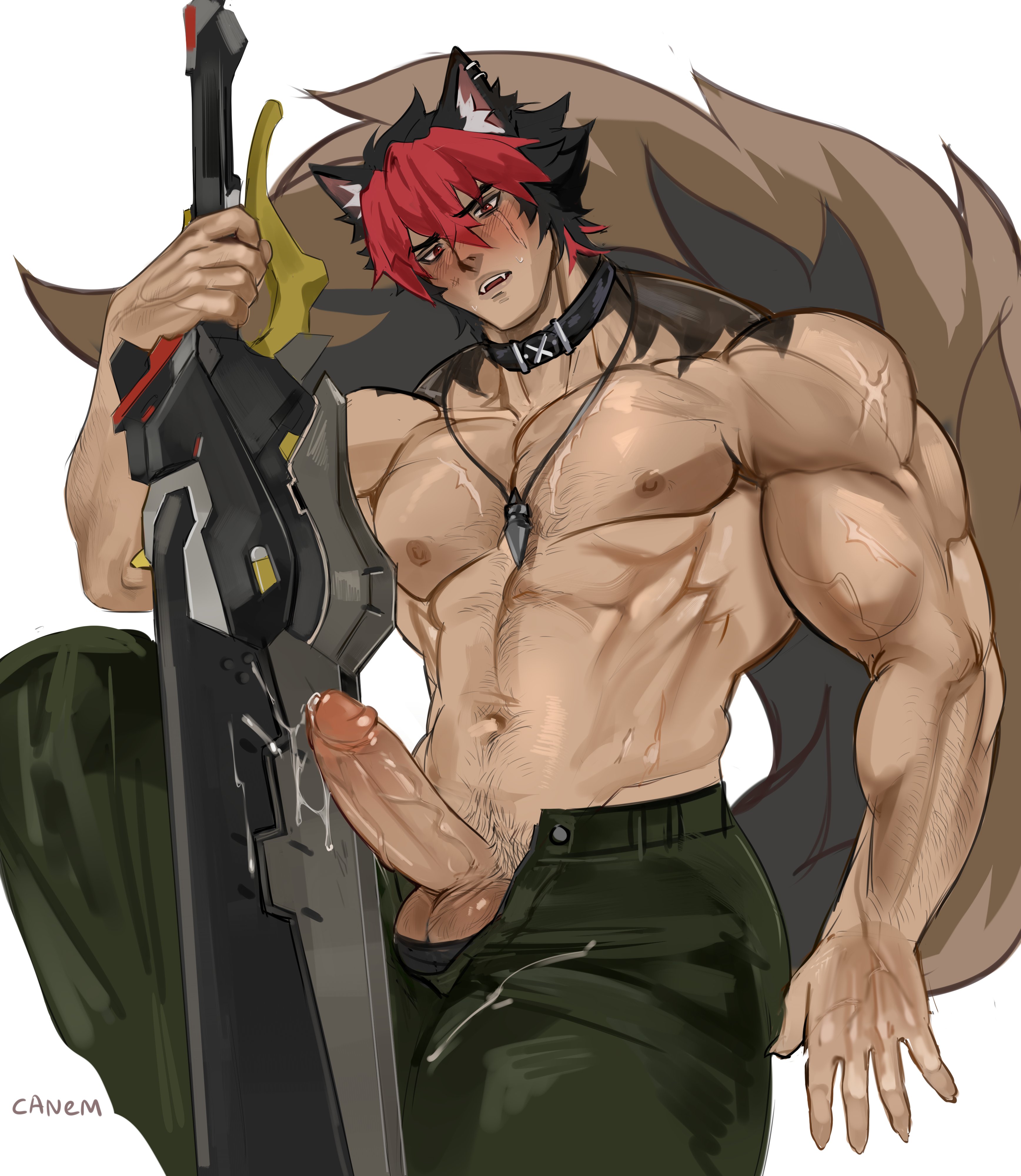 1boy, balls, bara, boner, erection, komano manato, kyoocanem, male, male only, muscular, muscular male, navel, nipples, penis, solo, sword, veiny penis, yaoi, zenless zone zero
