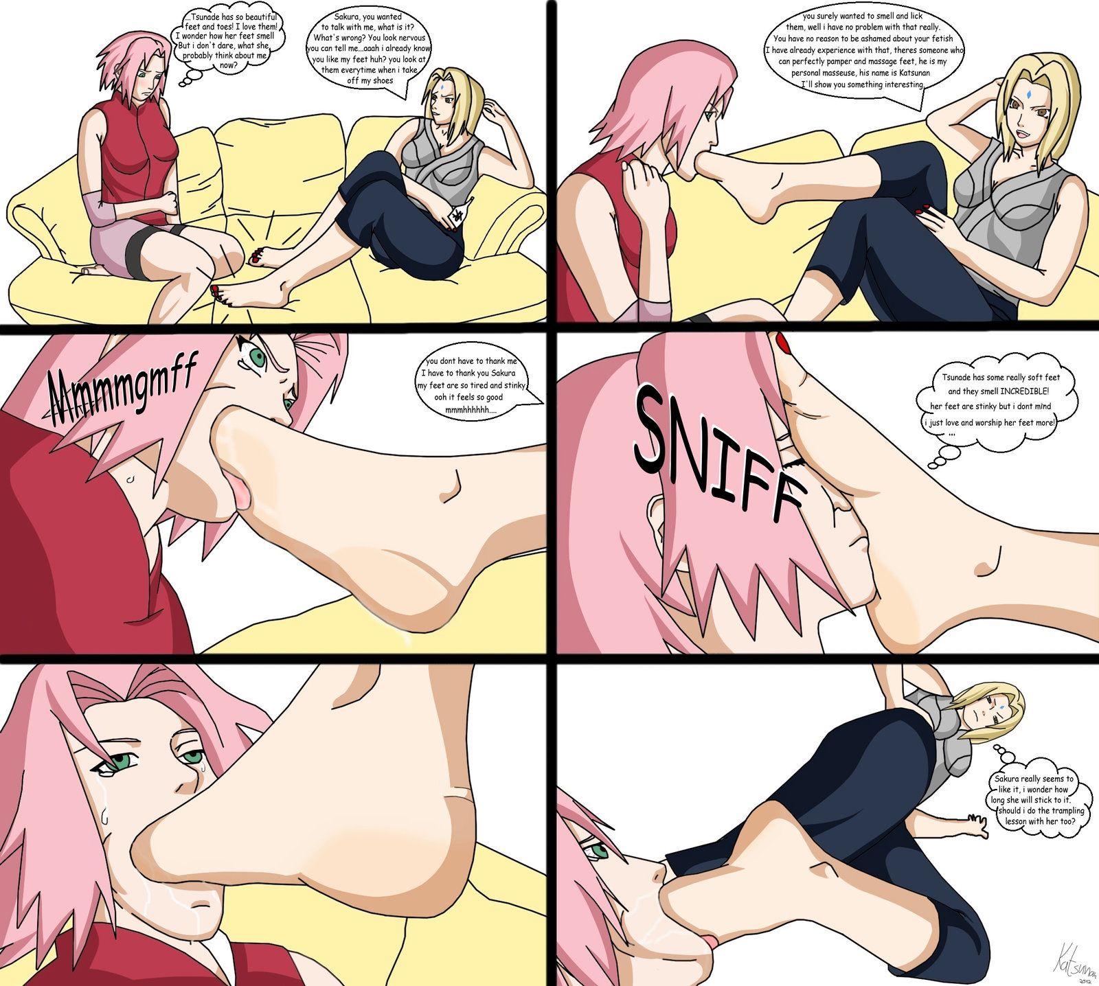 2girls, age difference, artist request, barefoot, blonde hair, brown eyes, clothing, comic, dialogue, feet, feet sniff, female, female only, food play, foot fetish, foot focus, foot lick, foot on face, foot sniffing, foot worship, forehead jewel, fully clothed, green eyes, katsunan, mature female, multiple females, multiple girls, naruto, naruto (series), naruto shippuden, older female, pink hair, sakura haruno, soles, text, toes, tsunade, yuri
