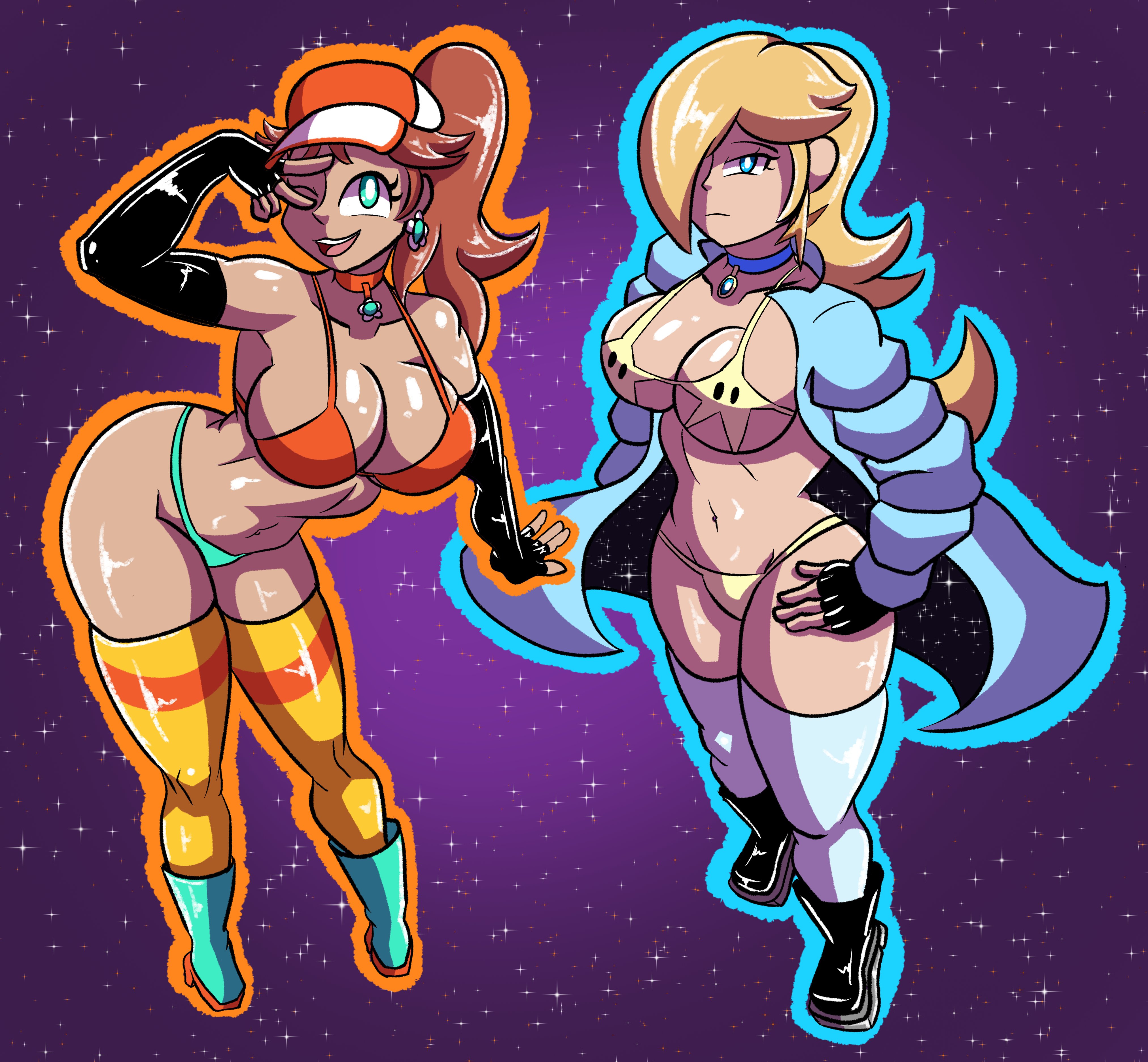 2girls, bikini, blonde hair, blue eyes, boots, breasts, brown hair, busty, curvy, earrings, female, hair over one eye, mario (series), nintendo, peace sign, princess daisy, princess rosalina, robveemo, small bikini, thick thighs, thighhighs, wink
