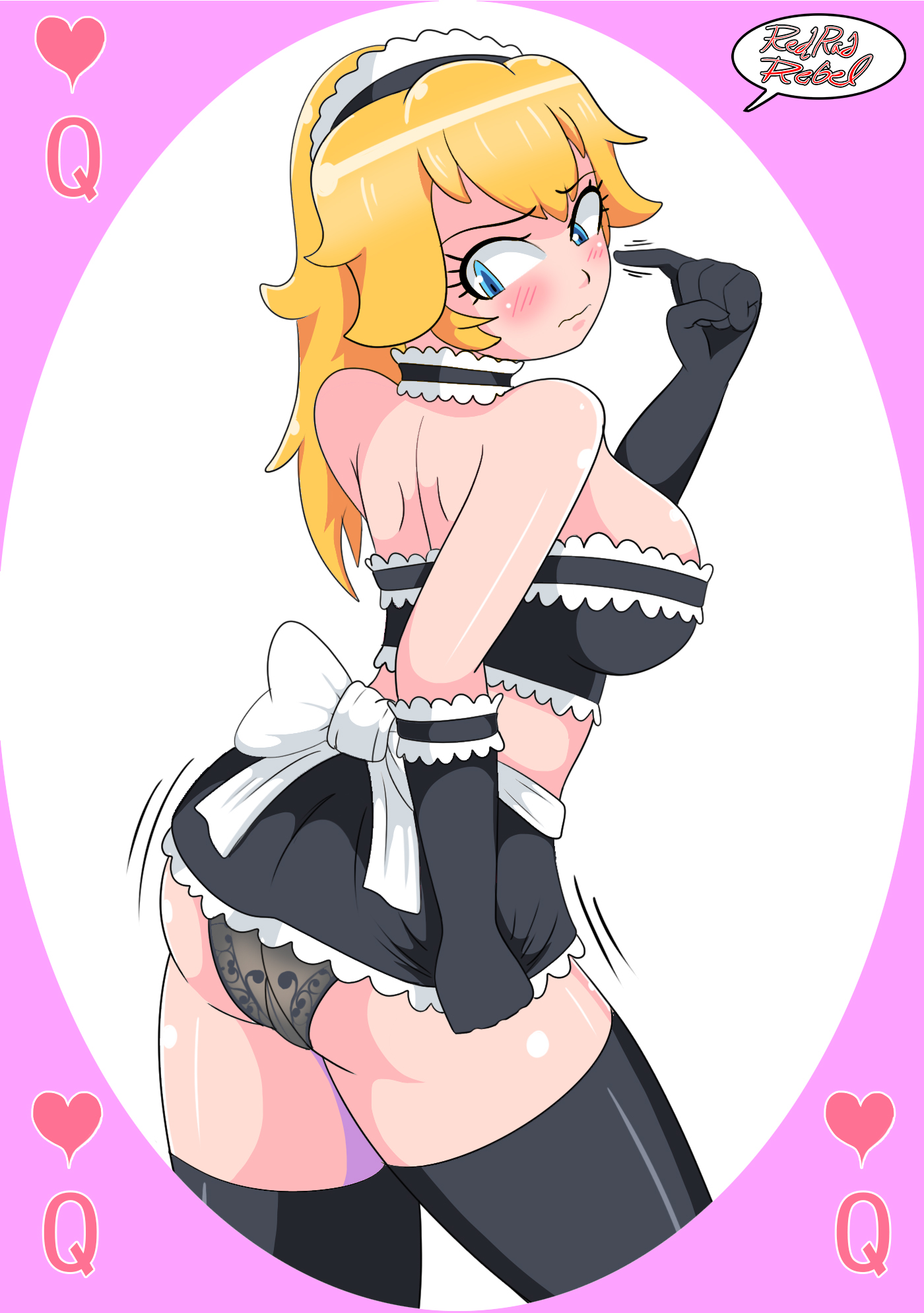 1girls, areola slip, areolae, ass, black gloves, black panties, blonde hair, blue eyes, blush, breasts, card (medium), clothing, english text, enmaided, female, female only, gloves, hair, long hair, looking back, maid, maid uniform, mario (series), midriff, miniskirt, nintendo, panties, princess, princess peach, redradrebel, revealing clothes, simple background, skirt, solo, standing, text, thighhighs, thighs, underwear, uniform, video games
