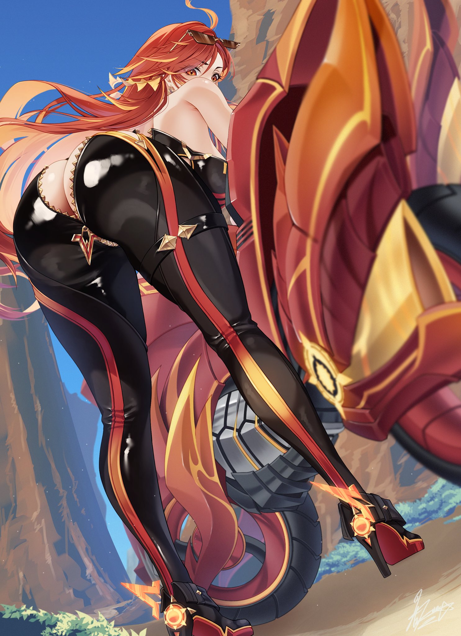 1girls, ass, ass focus, back, bare shoulders, big ass, big breasts, black bodysuit, bodysuit, breasts, butt crack, earrings, eyewear on head, female, female only, from behind, from below, full body, genshin impact, hakua (hka art), highres, jewelry, large breasts, leaning forward, light-skinned female, looking back, mavuika (genshin impact), motor vehicle, motorcycle, multicolored hair, orange hair, red eyes, red hair, solo, streaked hair, sunglasses, two-tone hair