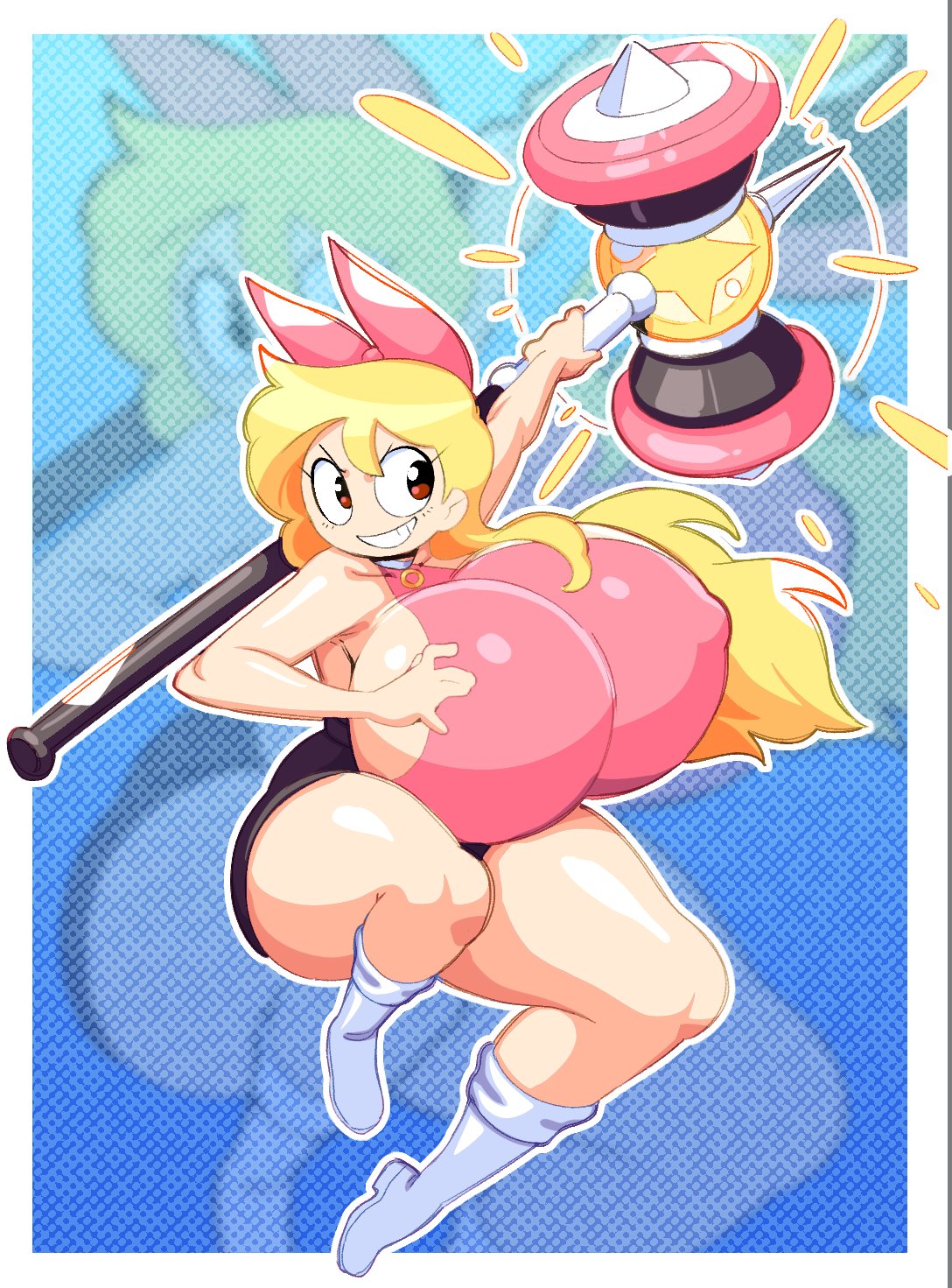 2d angstrom breasts breasts_bigger_than_head bunny_ears bunnysuit cleavage earrings female female_only gloria_(angstrom) hammer human hyper_breasts smile thick_thighs thighhighs