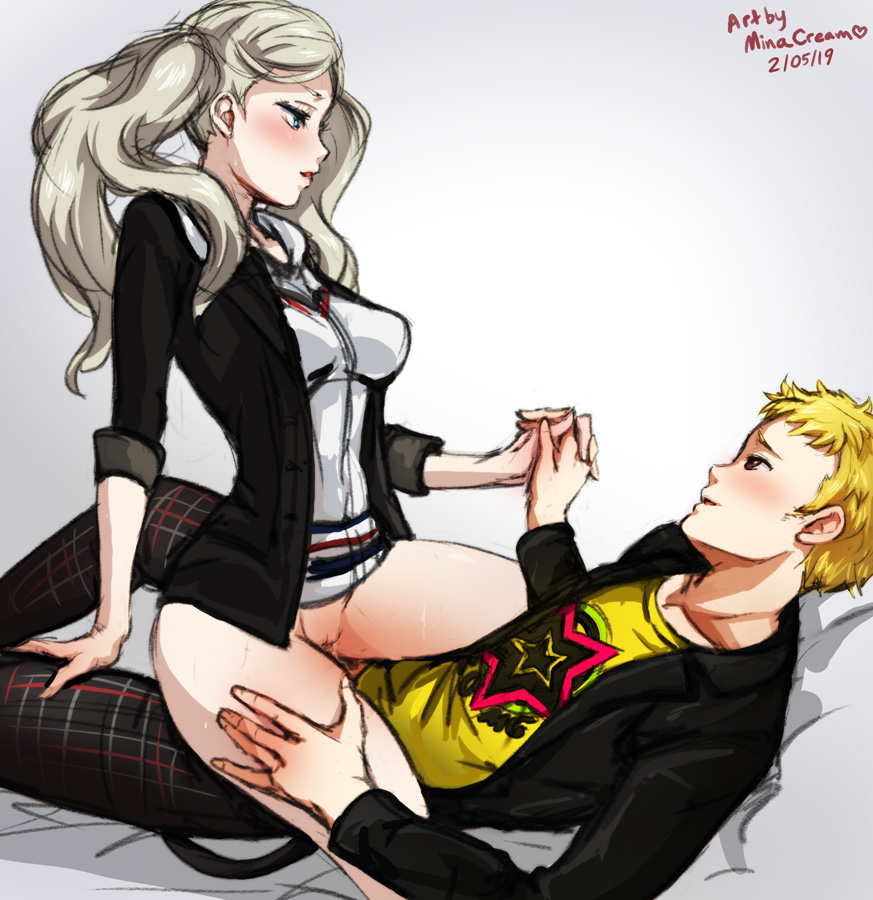 1boy, 1girls, ann takamaki, artist name, atlus, blonde hair, bottomless, breasts, clothed sex, clothing, cowgirl position, duo, female, hair, hand holding, long hair, male, megami tensei, minacream, penetration, persona, persona 5, pussy, riding, ryuji sakamoto, sex, short hair, straight, vaginal penetration, video games, wholesome