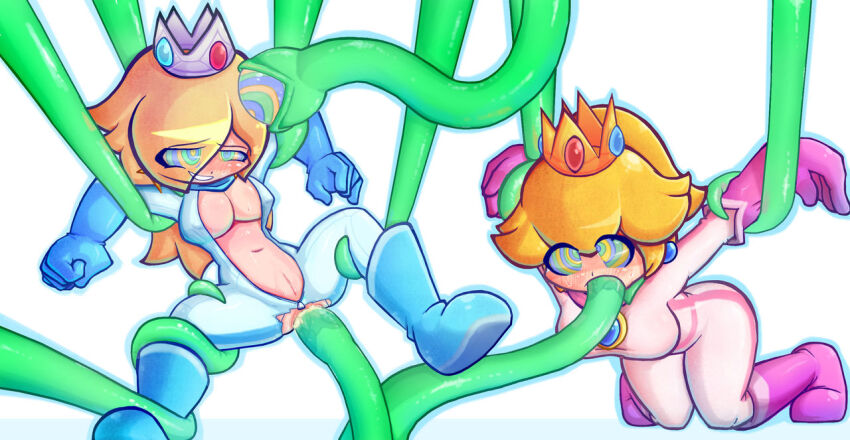 2girls, bad end, blonde hair, broken rape victim, crown, female, female only, femsub, hypnosis, hypnotic tentacle, mario (series), mind break, mind control, multiple females, multiple girls, multiple subs, nintendo, open clothes, oral, princess, princess peach, princess rosalina, pstash, pussy, rape, ring eyes, smile, super mario bros., tentacle, tentacle in mouth, tentacle sex, vaginal penetration