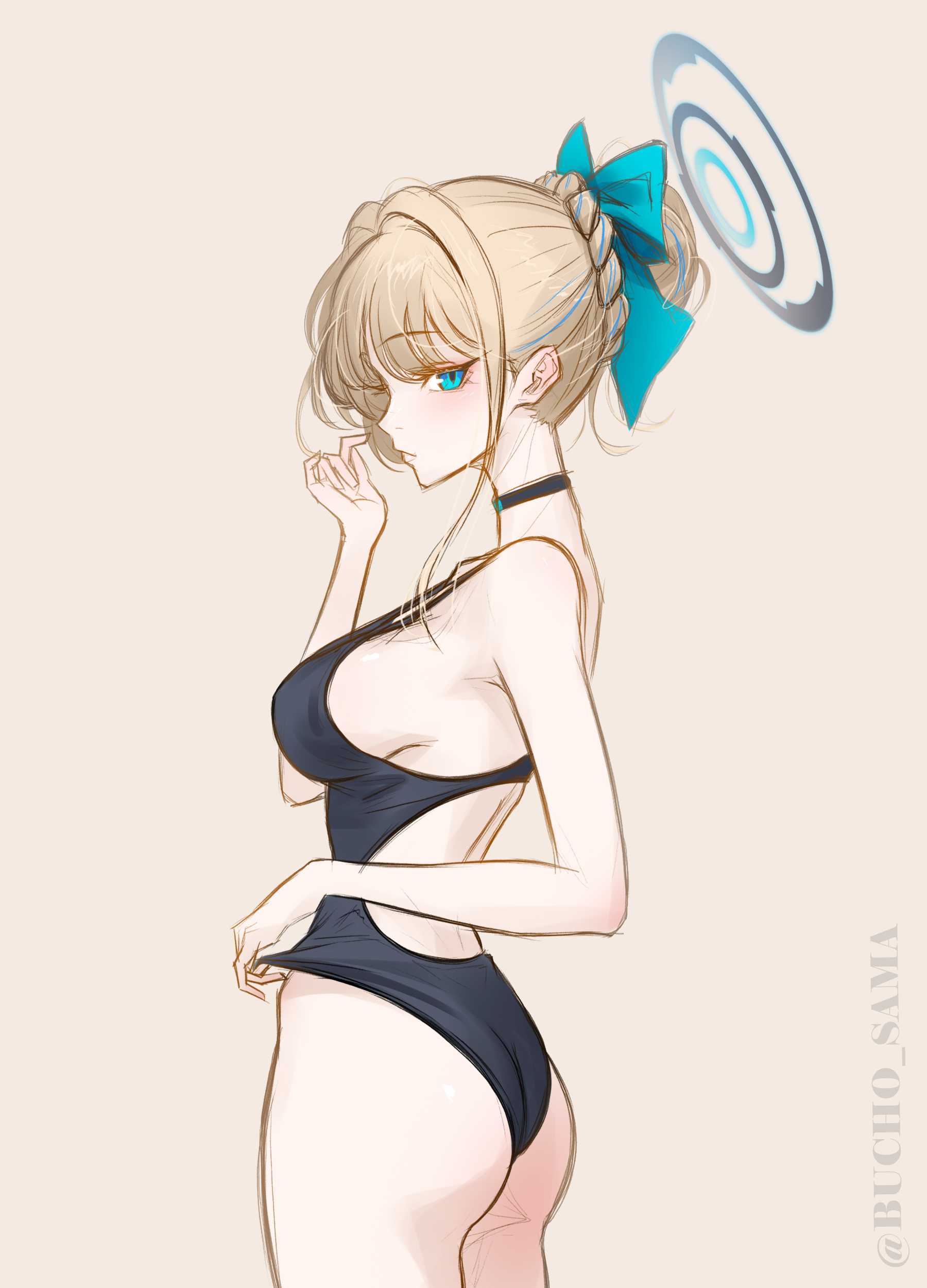1girls, 2d, 2d (artwork), 2d artwork, ass, ass cleavage, ass crack, big breasts, bikini, black bikini, black choker, black halo, black one-piece swimsuit, black swimsuit, black swimwear, blonde eyebrows, blonde female, blonde hair, blonde hair female, blonde-haired female, blue archive, blue eyes, blue-eyed female, braid, braided bun, braided hair, braids, breasts, bucho sama, busty, busty female, busty girl, busty teen, choker, collarbone, curvaceous, curvaceous body, curvaceous female, curvaceous figure, curvaceous hips, curvaceous teen, curvy, curvy ass, curvy body, curvy female, curvy figure, curvy hips, curvy teen, digital, digital art, digital drawing, digital drawing (artwork), digital media, digital media (artwork), elbows, eyebrows visible through hair, female, female focus, female only, fingers, halo, high resolution, highres, hourglass figure, inframammary fold, large boobs, large breasts, lean figure, looking at viewer, looking sideways, looking to the side, narrow waist, nipple bulge, one-piece swimsuit, profile, short hair, shoulders, sideboob, simple background, slender body, slender waist, slim waist, solo, standing, swimsuit, swimwear, teenage tits, thick ass, thick butt, thick thighs, thighs, toki (blue archive), upper body, white background, wide hips
