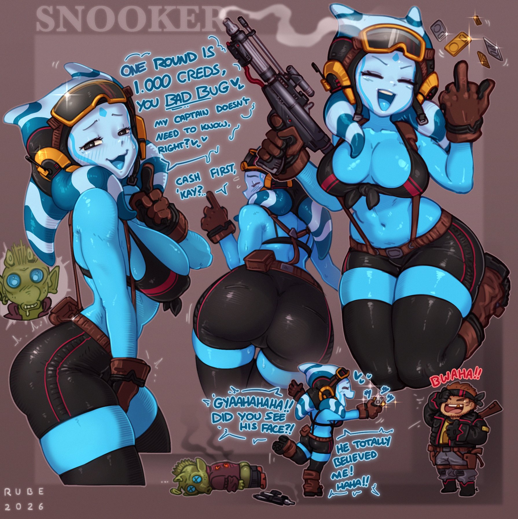 1girls, alien, alien girl, ass, big ass, bike shorts, blue body, blue skin, deception, english text, female, female focus, fully clothed, gloves, gun, justrube, original character, r smut, rube, shorts, snooker (rube), star wars, togruta