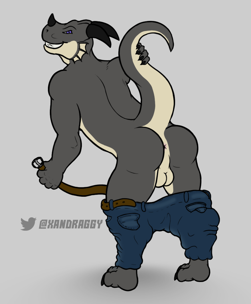 2018 anthro anus ass balls belt black_horn clothing digital_media_(artwork) digitigrade dragon grey_scales grin horn looking_at_viewer male male_only pants perineum purple_eyes raised scales scalie smile solo standing turi_shadowscale undressing xanderg_(artist)