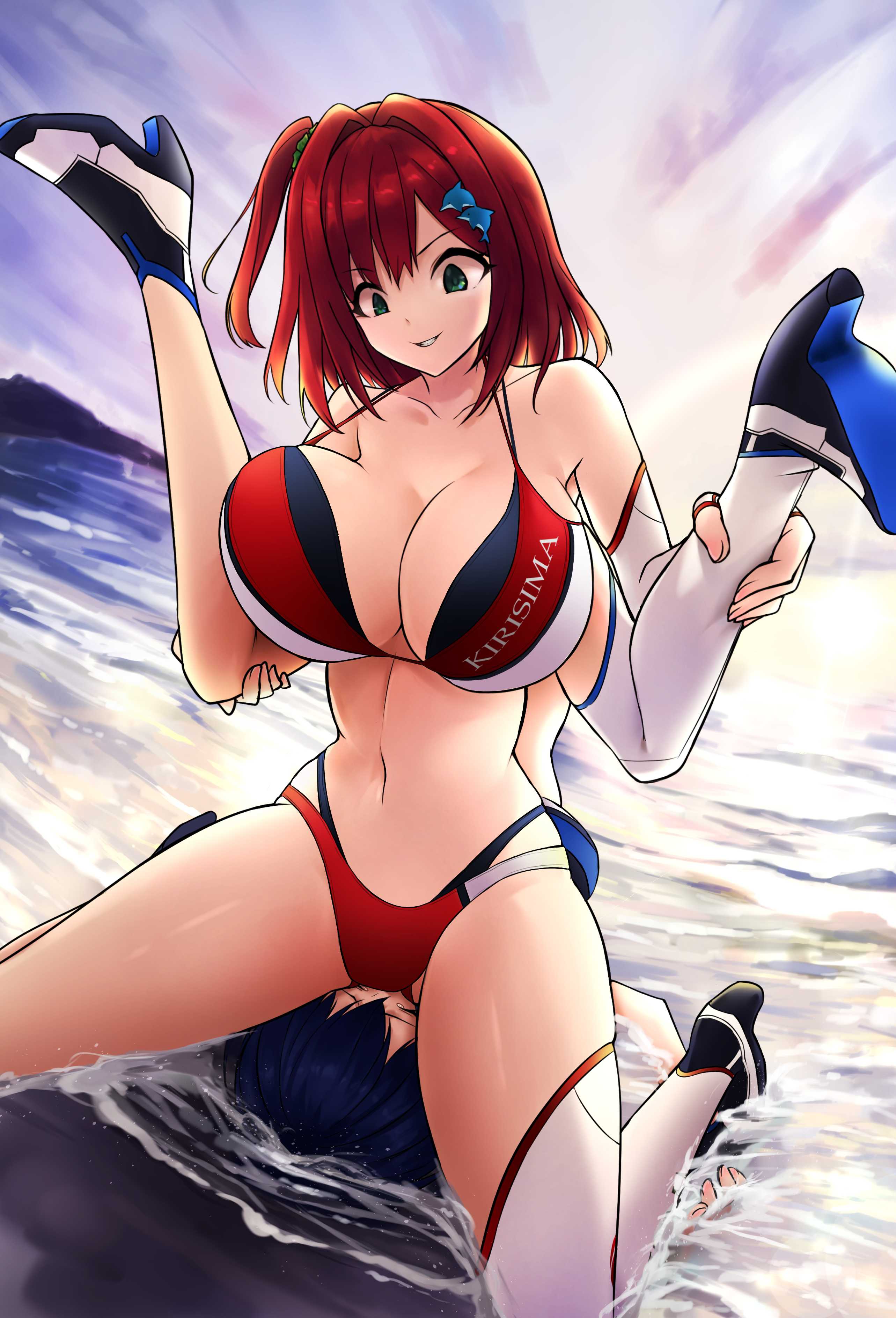 2d, 2d (artwork), 2d artwork, ankles, assertive female, bare armpits, bare arms, bare belly, bare chest, bare hands, bare hips, bare midriff, bare navel, bare shoulders, bare skin, bare thighs, belly, belly button, big breasts, bikini, bikini bottom, bikini only, bikini top, blue eyebrows, blue hair, blue sky, blue-haired female, bouncing breasts, bouncing tits, breasts, busty, busty female, busty girl, calves, catfight, cleavage, clouds, collarbone, day, daylight, daytime, digital, digital art, digital drawing, digital drawing (artwork), digital media, digital media (artwork), dolphin wave, dominant lesbian, exposed armpits, exposed arms, exposed belly, exposed chest, exposed hips, exposed midriff, exposed navel, exposed shoulders, exposed skin, exposed thighs, eyebrows visible through hair, facesitting, feet up, female, female focus, female only, fighting, fingernails, fingers, foot up, footwear, full body, ginto, green eyes, green-eyed female, groin, hair ornament, hair ornaments, halterneck, head tilt, high heels, high resolution, highres, horizon, hourglass figure, huge boobs, huge breasts, knee up, knees, knees up, large boobs, large breasts, large breasts lesbian, lean figure, leg up, legs, legs apart, legs spread, legs up, legwear, lesbian domination, lesbian focus, lesbian only, lesbian pleasure, linea alba, looking down, looking down at another, looking down at partner, medium hair, midriff, narrow waist, navel, ocean, one side up, parted lips, plump breasts, red bikini, red bikini bottom, red bikini top, red hair, red swimsuit, red swimwear, red-haired female, sakimiya iruka, sea, seaside, shaking breasts, shoes, shoulders, sitting, sitting on another, sitting on face, sitting on ground, sitting on person, sky, slender body, slender waist, slim waist, smile, smiley face, smiling, smiling at another, smiling at partner, spread legs, spreading legs, spreading thighs, stockings, stomach, submissive lesbian, swimsuit, swimwear, thigh highs, thighhighs, thighs, tilted head, tojou michiru, water, white legwear, white stockings, white thigh highs, white thighhighs, wide hips, wrestling, yuri