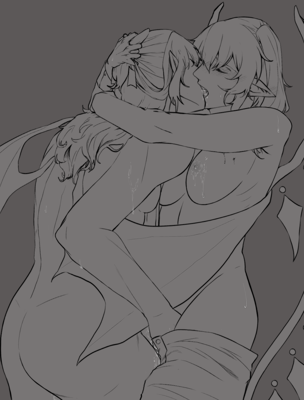 2d, 2girls, aged up, arms wrapped around partner, bat wings, bite mark, blue eyes, blush, breasts, closed eyes, eclipseescarlate, fangs, female only, fingering, fingering partner, fingering pussy, flandre scarlet, holding head, incest, kissing, long hair, monochrome, naked, naked female, nipples, nude, nude female, pants down, pointy ears, pussy juice, remilia scarlet, rubbing pussy, sisters, sweat, tongue, tongue kiss, topless, touhou, vampire, vampire girl, wings, yuri
