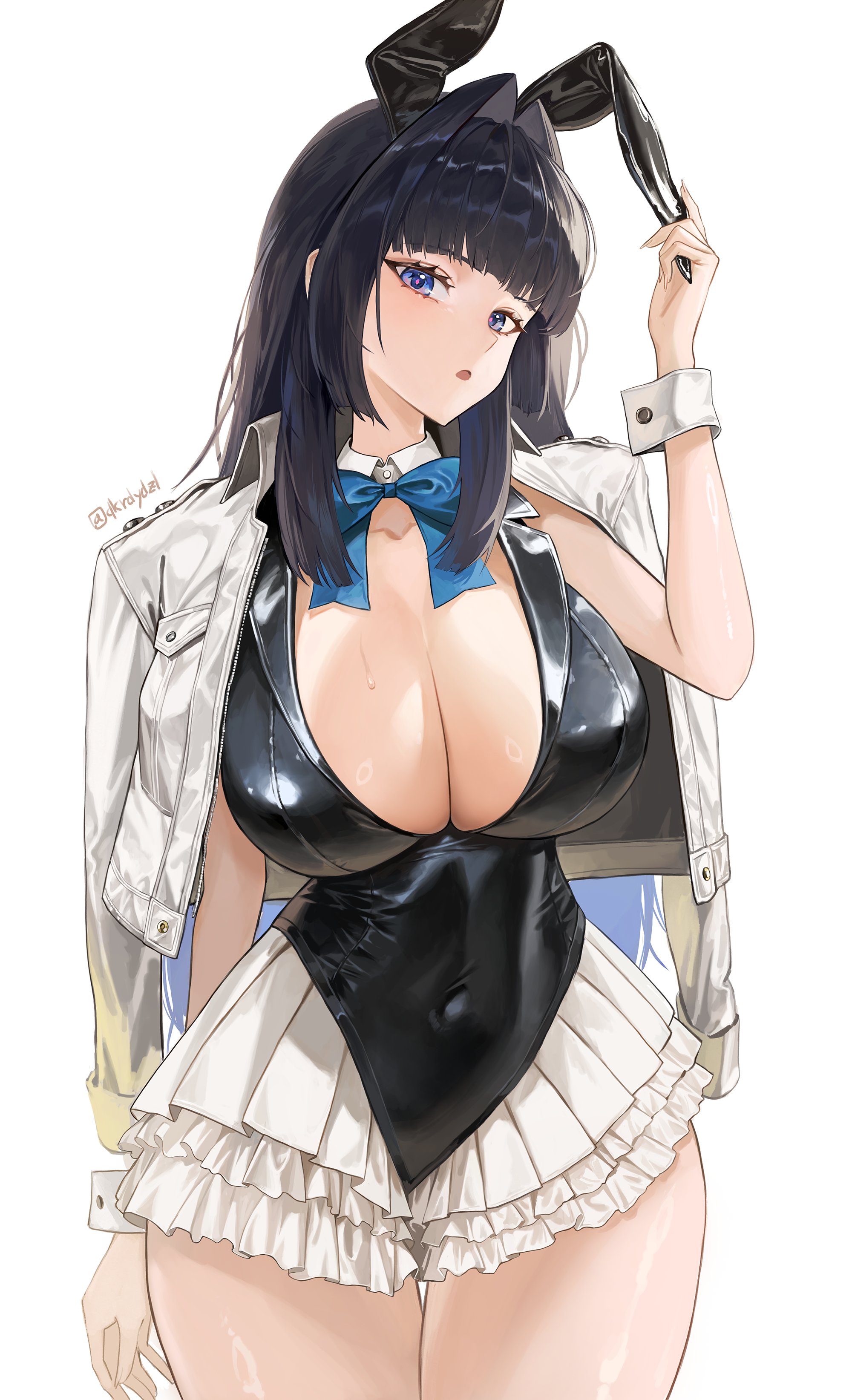 1girls, absurdres, alternate costume, animal ear hairband, animal ears, black hair, blue bow, blue bowtie, blue eyes, blunt bangs, bow, bowtie, breasts, cleavage, commentary, covered navel, english commentary, fake animal ears, female, female only, hair intakes, hairband, highres, hololive, hololive english, jacket, jacket on shoulders, large breasts, looking at viewer, miniskirt, open mouth, ouro kronii, rabbit ear hairband, rabbit ears, santafe99, simple background, skirt, solo, virtual youtuber, white background, white jacket, white skirt, wrist cuffs