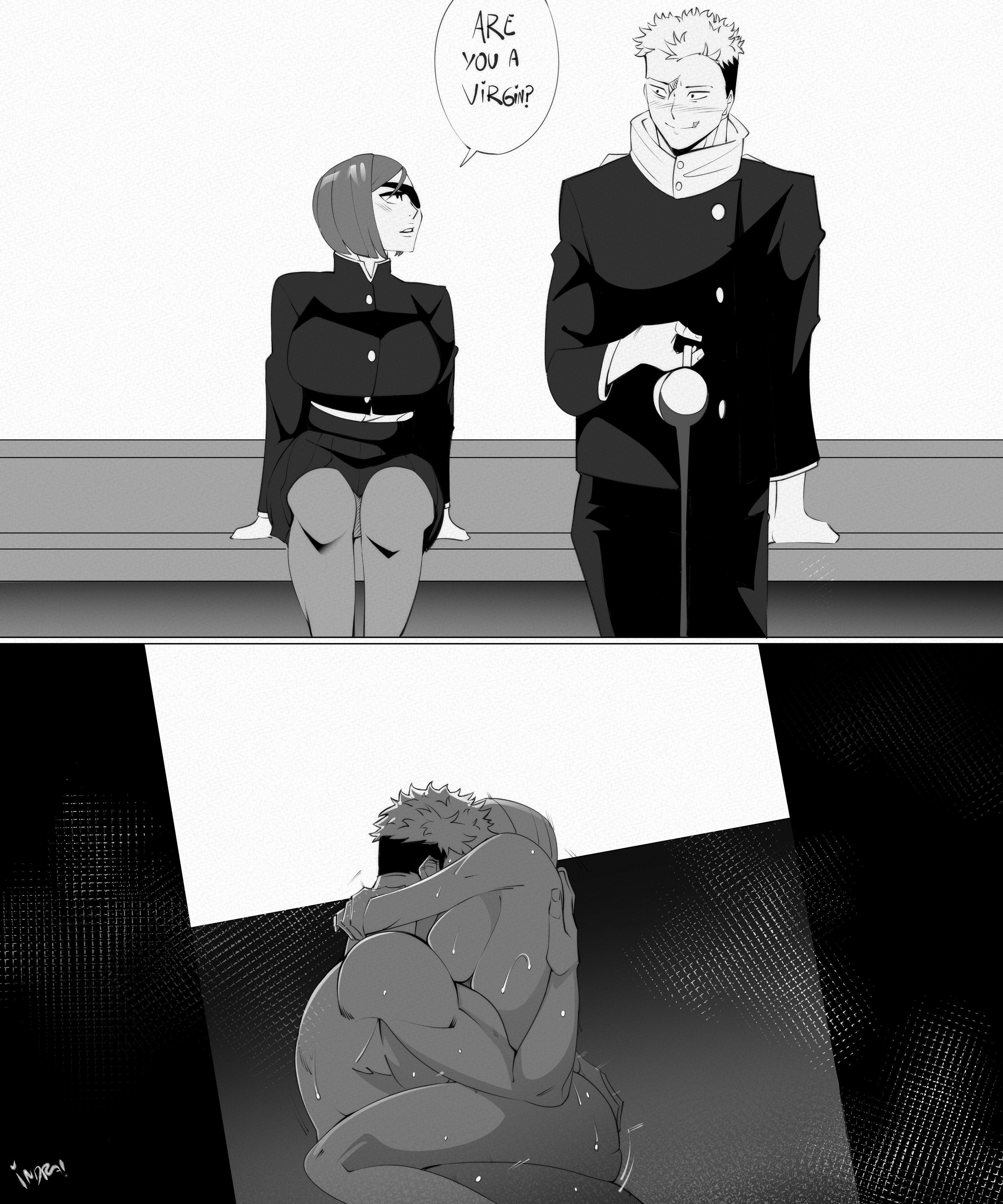1boy, 1girls, are you a virgin? (meme), big breasts, cowgirl position, indralvspaizuri, itadori yuuji, jujutsu kaisen, jujutsu tech uniform, kugisaki nobara, sex, spilled drink, tagme