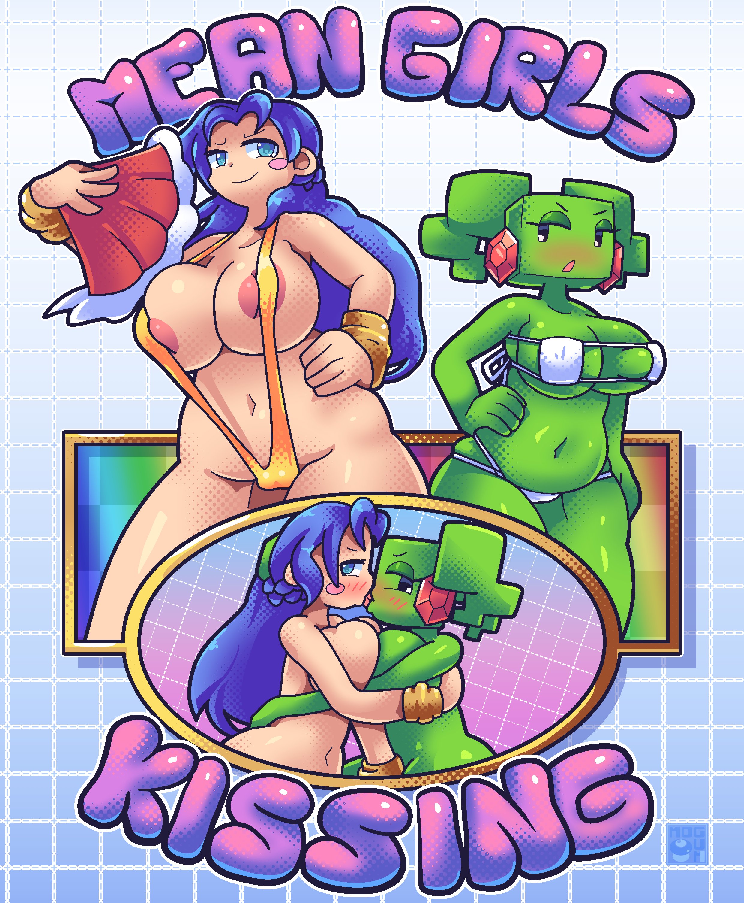 2girls, asking for it, big breasts, blue eyes, blue hair, blush, blush lines, blush stickers, breasts, crossover, english text, eyebrows, eyeshadow, french kiss, green body, green eyeshadow, green skin, holding, holding object, kiss, kissing, large breasts, long hair, looking at viewer, makeup, mario (series), mimi (super paper mario), mob face, multiple girls, naked, nintendo, nude, nude female, open mouth, paper mario, pressing breasts together, puyo puyo, ribbon, rulue, sega, smile, text, tmogumi, tongue, tongue kiss, tongue out, voluptuous, voluptuous female, white ribbon, yuri