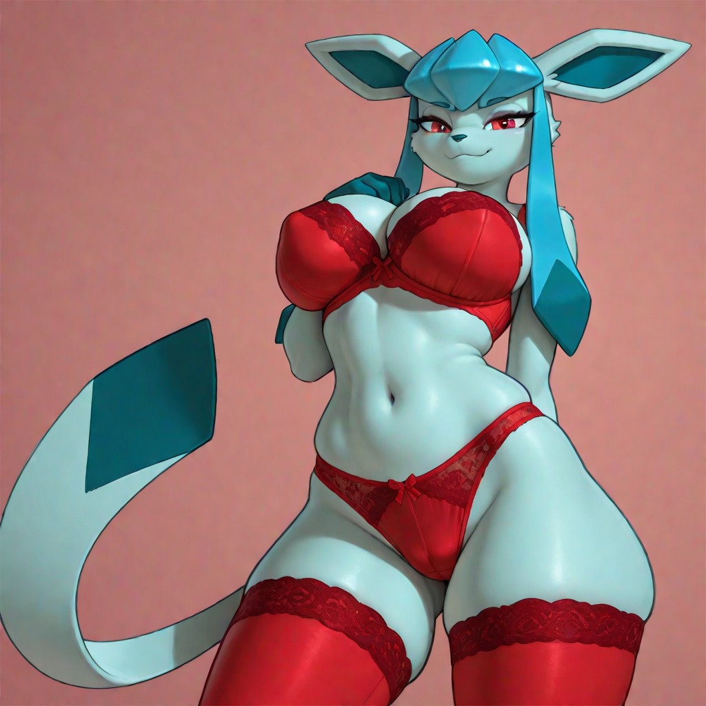 1girls, ai, ai generated, anthro, big breasts, breasts, ear, eeveelution, frosting.ai, fur, generation 4 pokemon, glaceon, hand behind back, hand on breast, hand over breast, legwear, light blue fur, light blue hair, looking at viewer, looking down, nintendo, nipple outline, non nude, pokemon, pokemon (species), red bra, red eyes, red legwear, red lingerie, red panties, red underwear, seductive, seductive look, solo, standing, tail, thick thighs, thighs, tummy, underwear