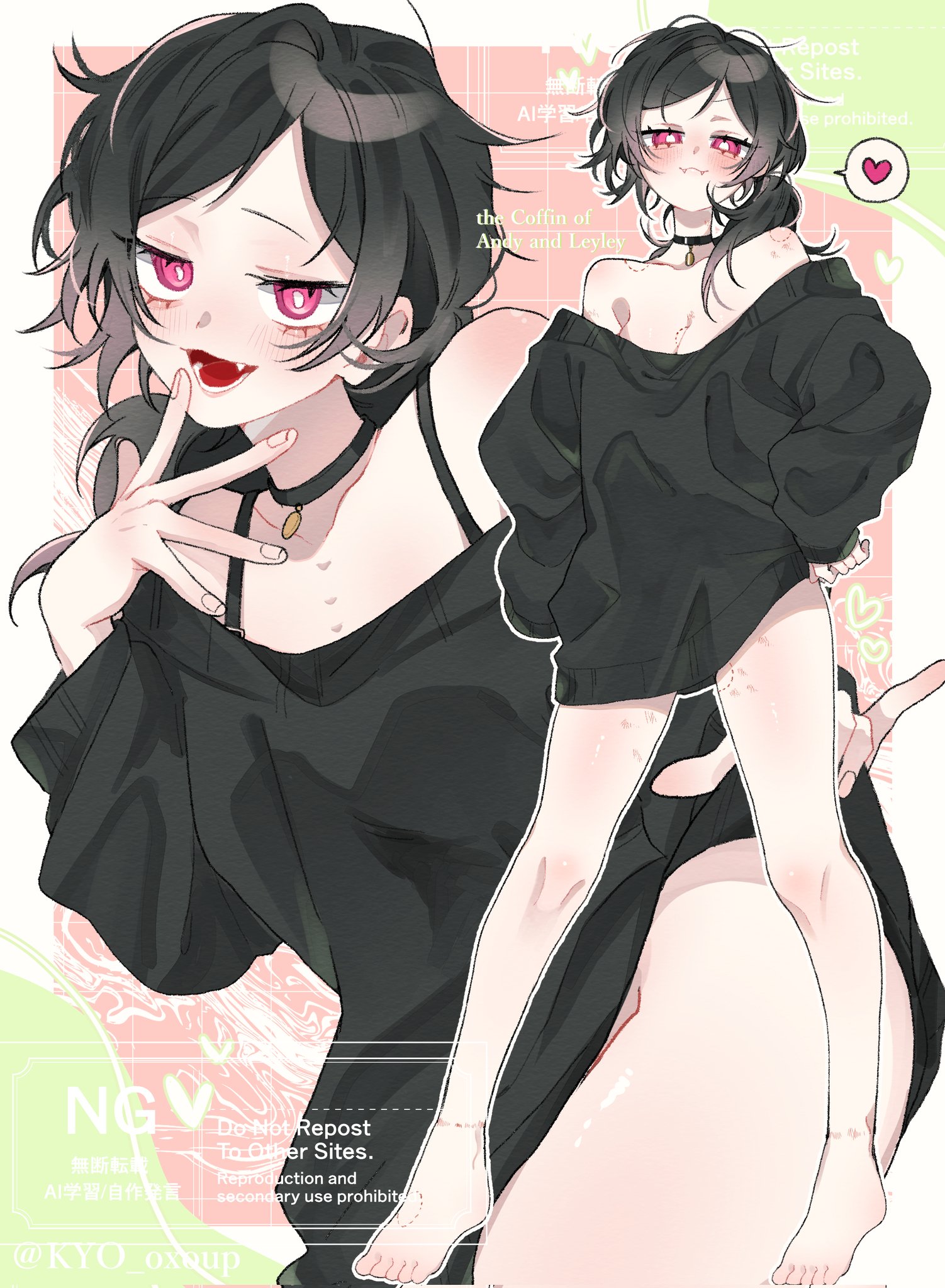 1girls, 2d, ashley graves, bite mark, bite marks, black hair, blush, bra strap, breasts, choker, cleavage, female, female only, kyu oxouq, looking at viewer, oversized clothes, oversized shirt, pink eyes, ponytail, solo, solo female, tease, teasing, the coffin of andy and leyley