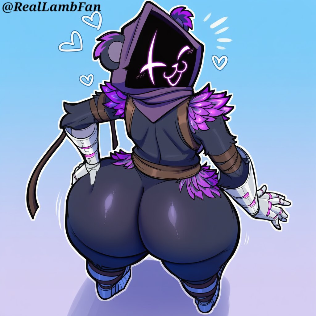 ai generated, anthro, armored arms, aroused expression, ass, back view, bear, belt buckle, bent over, big butt, black hood, blue boots, blue legwear, blush, brown belt, brown tail, claws, confident pose, curvaceous, curvy female, dark purple, detailed butt, diamond emblem, dominant female, emoticon face, feathers, female, floating hearts, fluffy shoulders, fortnite, furry, glossy, glowing face, heart, heart emblem, hips, hooded cloak, huge ass, kawaii face, leg guards, long tail, looking back, mammal, mechanical arms, metal arms, muscular legs, over shoulder, pear shaped, pink emblem, pink glowing face, pose, presenting, presenting hindquarters, purple body, purple feathers, purple fur, purple hood, raven team leader, reallambfan, rear view, robotic arms, seductive pose, sharp claws, shiny skin, shoulder feathers, silver arms, solo, squatting pose, sweat, sweatdrop, tail, thick legs, thick thighs, triangular hood, ursine, voluptuous, wide hips
