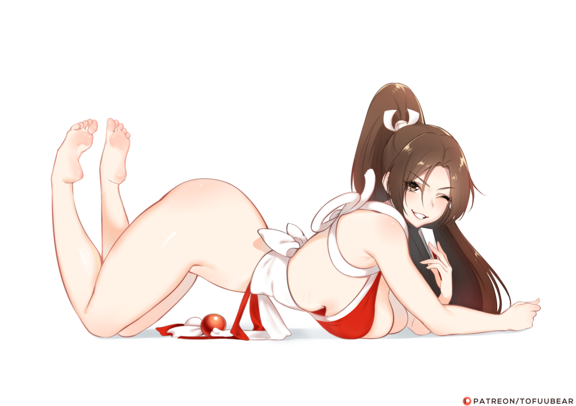 barefoot, big breasts, breasts, cleavage, fatal fury, feet, female, female only, king of fighters, large breasts, looking at viewer, mai shiranui, pussy, shaved pussy, solo, toes, tofuubear