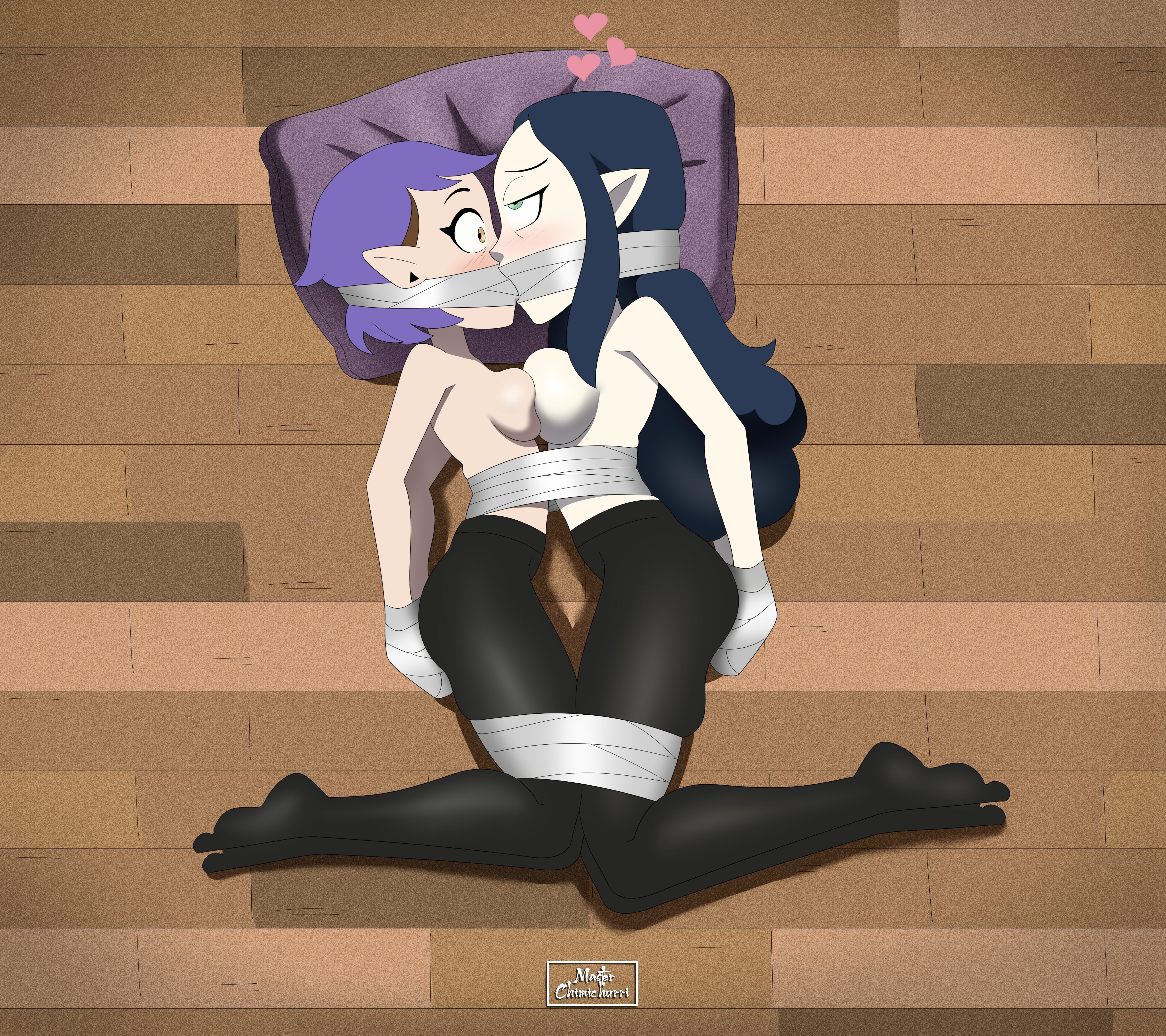 2d, 2d (artwork), 2d artwork, amity blight, bound, bound arms, bound legs, bound together, bound wrists, breasts, disney, female, female only, female/female, floating heart, floating hearts, kissing, leggings, lilith clawthorne, master chimichurri, older female and younger female, tape gag, taped arms, taped legs, taped mouth, the owl house, tied, tied arms, tied hands, tied up, topless, yuri