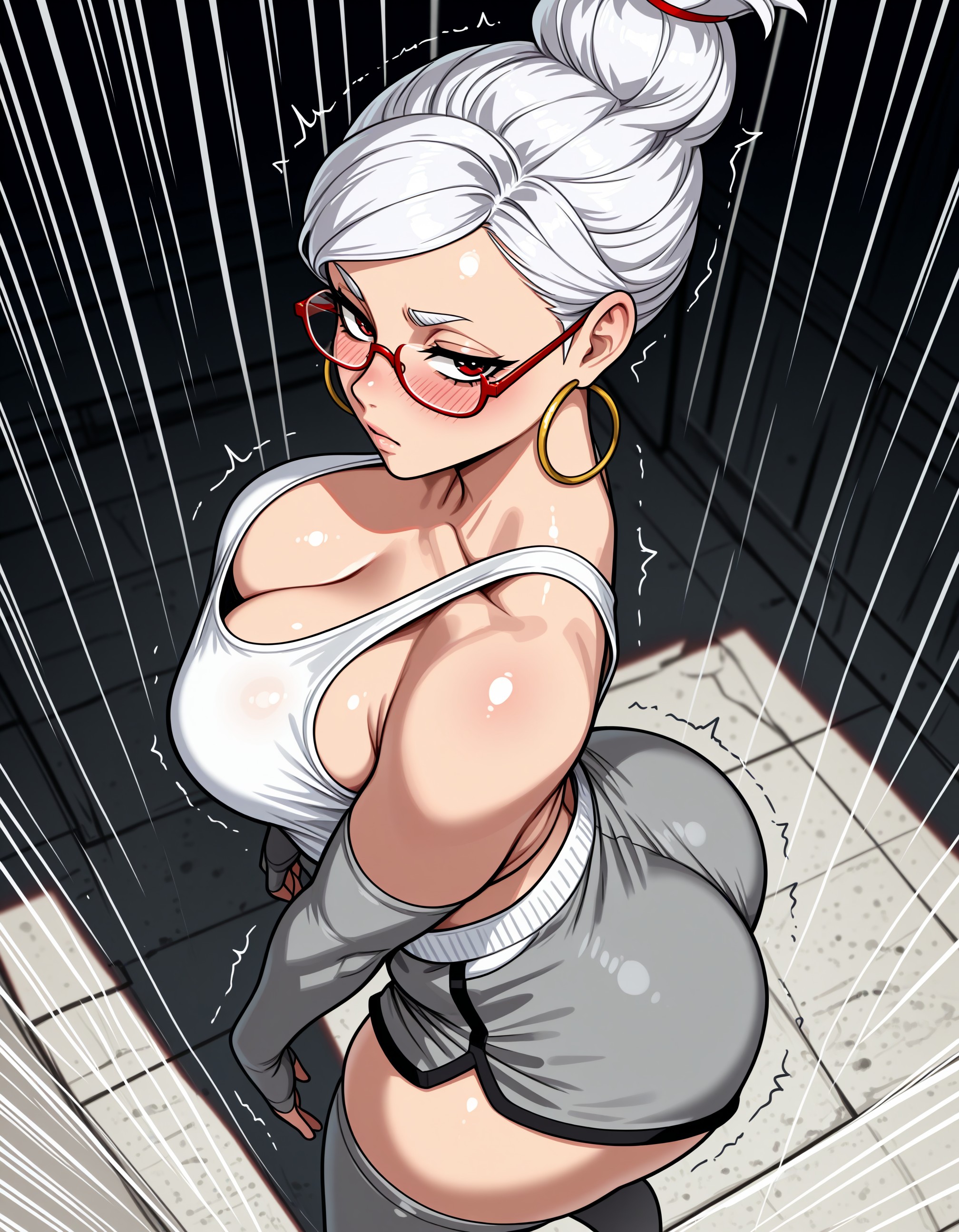 ai generated, ass, ayase seiko, bangs, bare shoulders, blush, breasts, cleavage, closed mouth, clothing, collarbone, dandadan, dolphin shorts, earrings, elbow gloves, eyewear, female, female only, fingerless gloves, from above, glasses, gloves, grey gloves, grey shorts, grey thighhighs, hair bun, hoop earrings, huge ass, jewelry, jousneystudio, large breasts, legwear, looking at viewer, makeup, patreon username, red eyes, red-framed eyewear, sheikah, shiny skin, short hair, short shorts, shorts, side slit, single hair bun, solo, standing, tank top, thick thighs, thighhighs, thighs, trembling, updo, white hair, white tank top