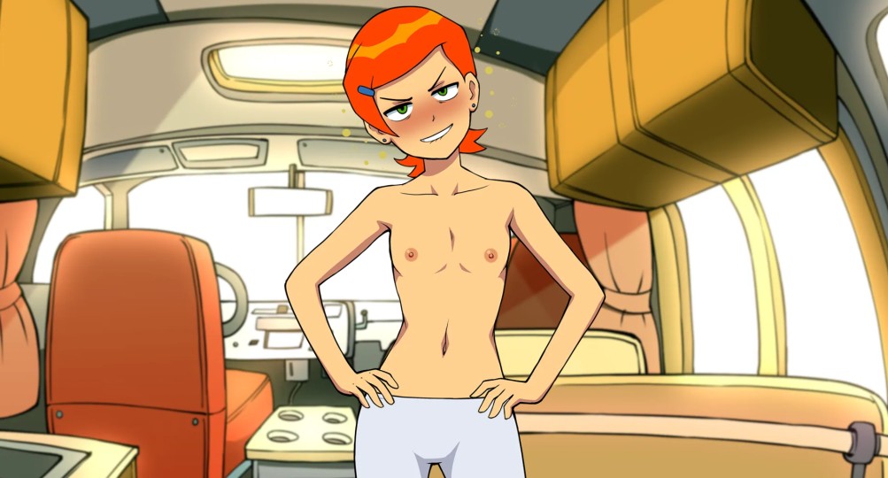 1girls, a day with gwen, ben 10, ben 10 (classic), blush, drunk, female only, flat chest, gwen tennyson, gwen tennyson (classic), hairclip, half naked, no bra, orange hair, rustbucket (ben 10), rv, shirtless, short hair, slim waist, solo, solo female, true flat chest, vehicle, younger female