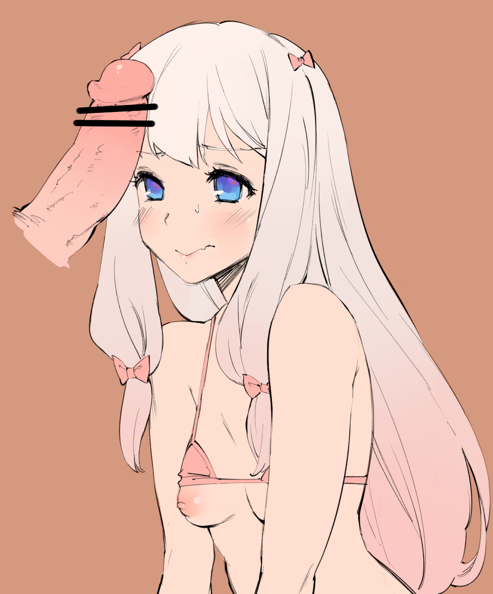 bar censor, blue eyes, bow, bra, bra lift, breasts, censored, erection, eromanga sensei, female, hairbow, izumi sagiri, kenshin187, long hair, looking up, low-tied long hair, male, medium penis, multicolored hair, nipples, penis, penis on face, penis on head, pink hair, small breasts, solo, sweatdrop, two-tone hair, underwear, wavy mouth