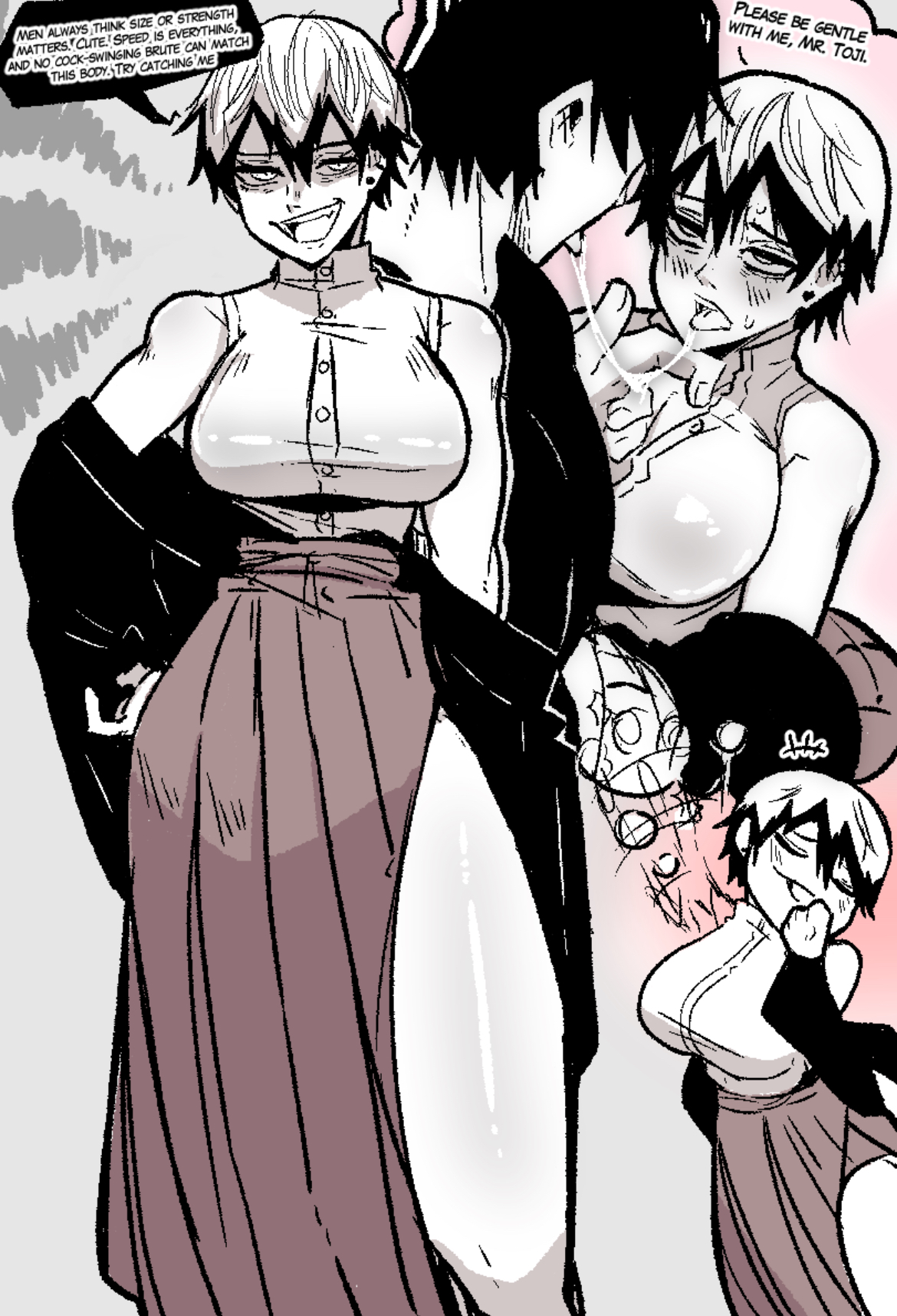 1boy, 1boy1girl, 1girls, about to have sex, big breasts, blush, breasts, busty, busty female, cocky, cousin, cousins, crushing, curvy, curvy female, cute, cute face, dominant male, dyed hair, earrings, english text, eye contact, female naoya, femsub, finger under chin, genderswap, grin, highres, horny female, imagination, incest, japanese female, japanese male, jewelry, jujutsu kaisen, legs, male/female, maledom, mark gavatino, miko, misandry, open mouth, oppai, rule 63, saliva, saliva trail, sexy, sexy body, sexy female, sexy male, short hair, shrine maiden, smile, spit, submissive female, text, thick legs, thick thighs, thighs, thought bubble, toji fushiguro, tongue, tongue out, very short hair, zenin naoya