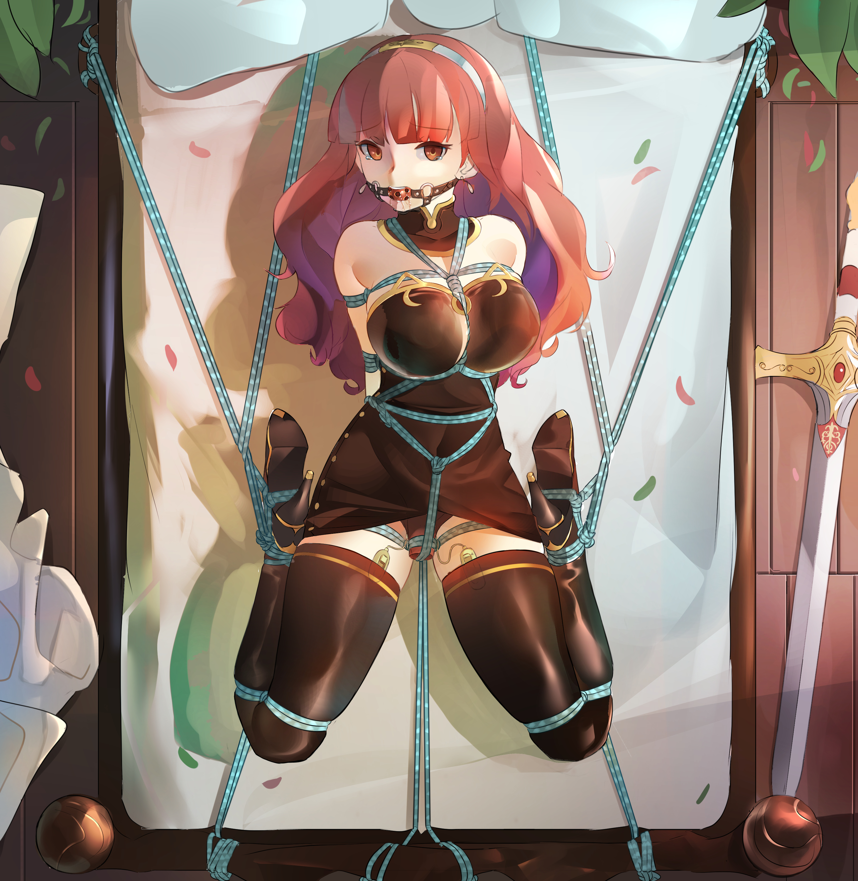 ball gag, bondage, celica (fire emblem), enslaved royal, female, female only, femsub, fire emblem, fire emblem echoes: shadows of valentia, fully clothed, gag, imminent rape, looking at viewer, lumpychan, nintendo, princess, red hair, restrained, royalty, slave, solo, thighhighs, tied up, vibrator