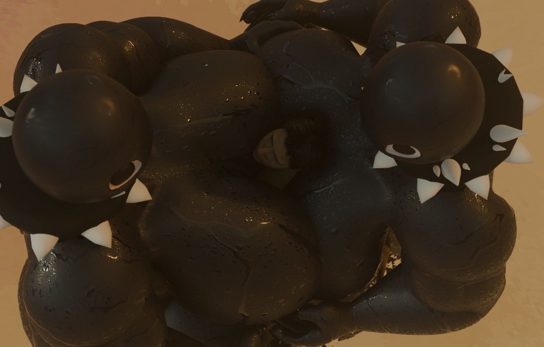 2girls, 3d, between breasts, big breasts, chain chomp, giantess, gigi (thecoatl034), huge breasts, larger female, mario (series), mildmeat, size difference, smaller male