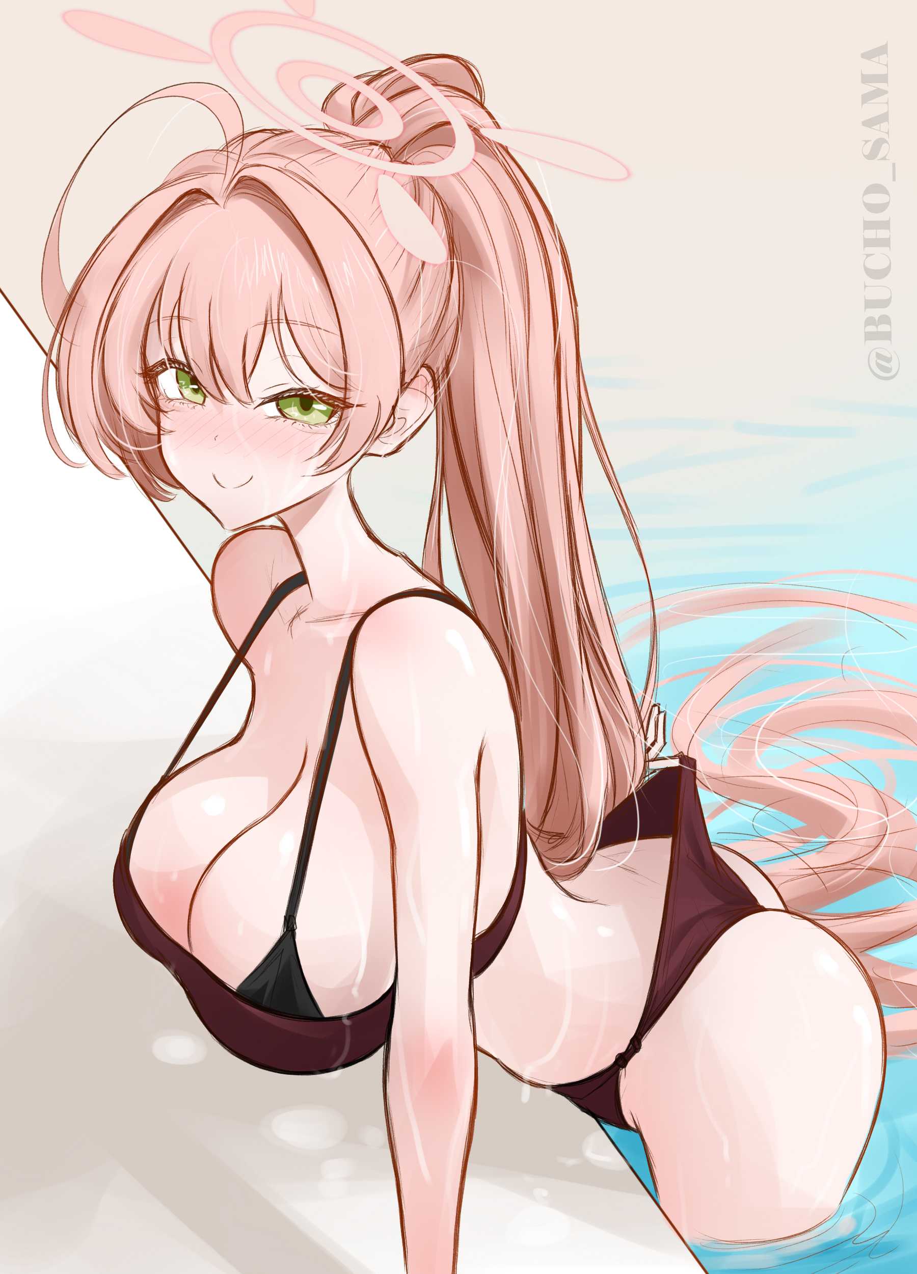 1girls, 2d, 2d (artwork), 2d artwork, ass, bare arms, bare ass, bare back, bare butt, bare chest, bare hips, bare legs, bare shoulders, bare skin, bare thighs, big breasts, bikini, bikini bottom, bikini only, bikini top, black bikini, black bikini bottom, black bikini top, black swimsuit, black swimwear, blue archive, blush, blush face, blushing at viewer, blushing female, blushing lines, breasts, bucho sama, busty, busty female, busty girl, busty teen, center-flap bangs, cleavage, closed mouth smile, collarbone, dangling breasts, digital, digital art, digital drawing, digital drawing (artwork), digital media, digital media (artwork), double-parted bangs, exposed arms, exposed ass, exposed back, exposed butt, exposed chest, exposed hips, exposed legs, exposed shoulders, exposed skin, exposed thighs, eyebrows visible through hair, female, female focus, female only, green eyes, green-eyed female, hair between eyes, half naked, half nude, half submerged, halo, halterneck, hanako (blue archive), hanako (swimsuit) (blue archive), hanging breasts, high resolution, highres, huge boobs, huge breasts, large boobs, large breasts, lean figure, long hair, looking at viewer, naked, naked female, naked woman, narrow waist, nude, nude female, nudity, partially submerged, partially submerged legs, pink eyebrows, pink hair, pink hair female, pink halo, pink-haired female, plump breasts, ponytail, semi nude, shoulders, sidelocks, simple background, slender body, slender waist, slim waist, smile, smiley face, smiling, smiling at viewer, standing, string bikini, submerged feet, submerged legs, swimsuit, swimwear, teenage tits, thighs, upper body, water, white background