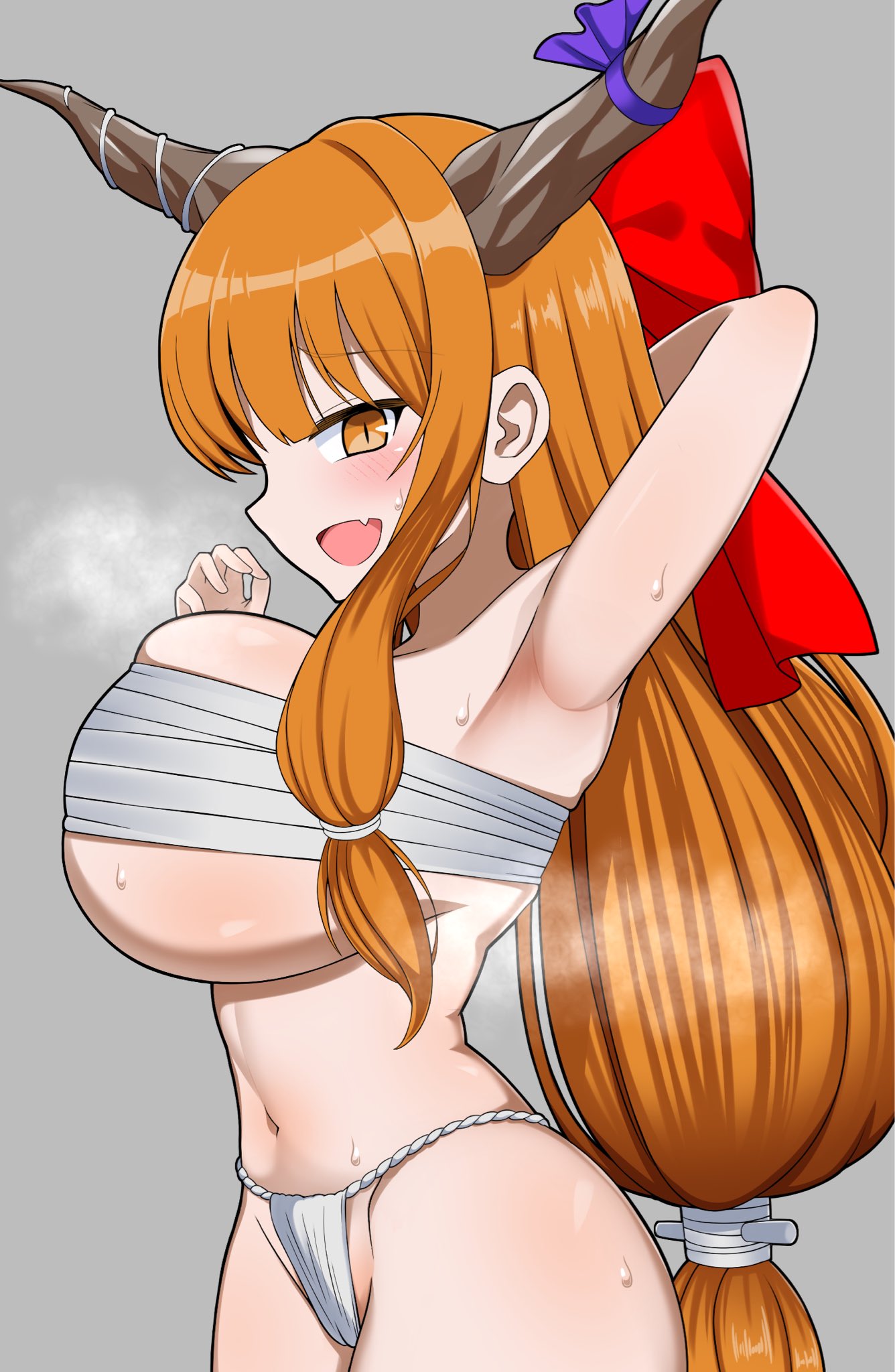 1girls, belly, belly button, big breasts, blush, breasts, female, fundoshi, horns, huge breasts, large breasts, oni horns, orange hair, partially clothed, ringo1145, sarashi, solo, solo female, suika ibuki, sweat, sweatdrop, sweating, touhou, yokai, youkai, zawapirori