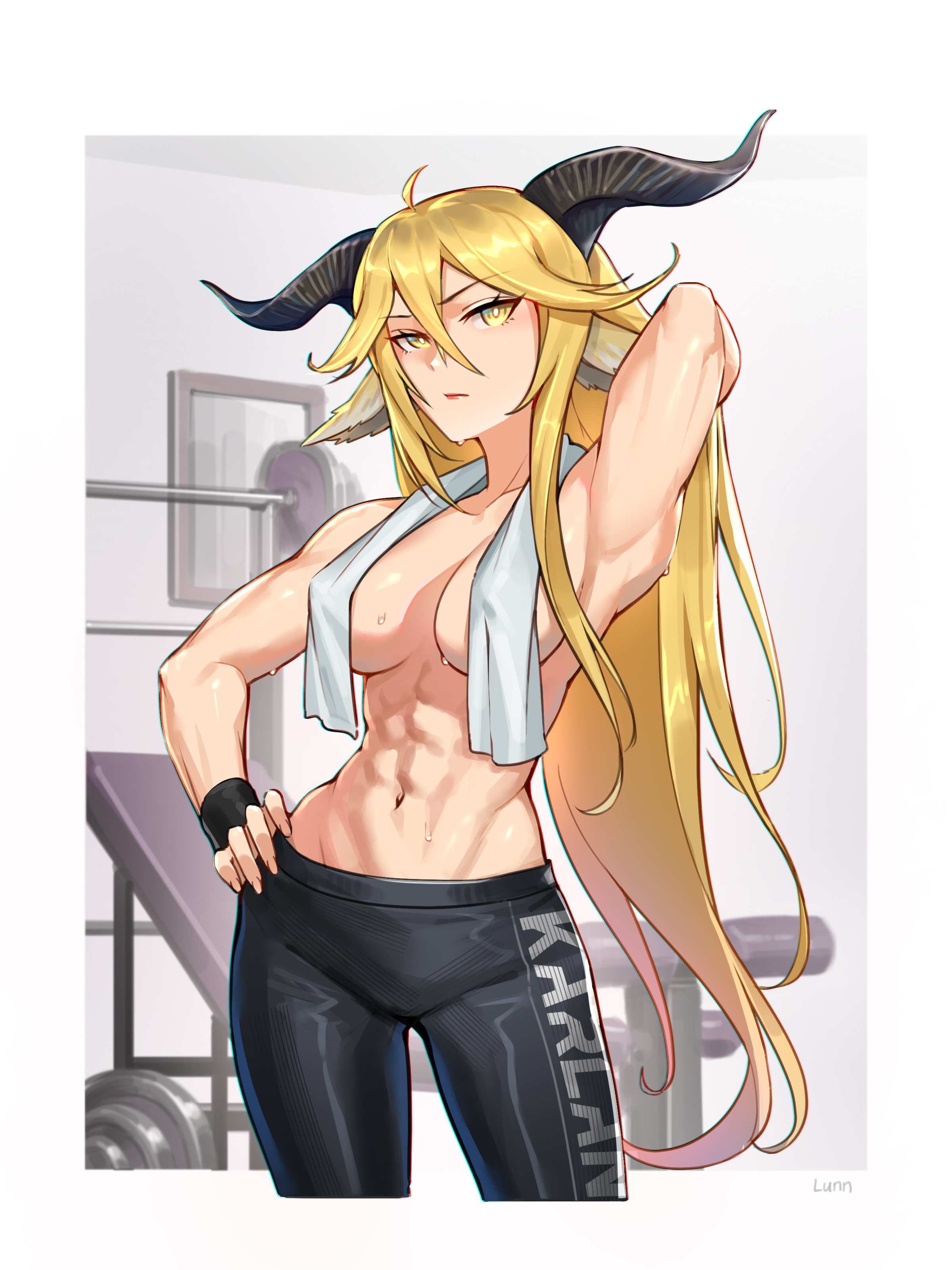 1girls, 2d, 2d (artwork), 2d artwork, abs, adult, adult female, after workout, arknights, arm behind head, armpit, armpit crease, armpit peek, armpit sweat, armpits, belly, belly button, big breasts, black fingerless gloves, black gloves, black horn, black horns, black yoga pants, blonde eyebrows, blonde female, blonde hair, blonde hair female, blonde-haired female, breasts, breasts apart, busty, busty female, busty girl, cleavage, collarbone, degenbrecher (arknights), digital, digital art, digital drawing, digital drawing (artwork), digital media, digital media (artwork), elbows, eyebrows visible through hair, female, female focus, female only, fingerless gloves, fingernails, fingers, gloves, groin, hair between eyes, hairless armpits, half naked, half nude, hand behind head, head tilt, high resolution, highres, horn, horns, hourglass figure, indoor, indoor nudity, indoors, inframammary fold, large boobs, large breasts, lean figure, long hair, looking at viewer, lunn (artist), mature, mature female, midriff, mommy, muscular, muscular female, naked, naked female, naked towel, naked woman, narrow waist, navel, nipple bulge, nude, nude female, nudity, presenting armpit, semi nude, shaved armpits, shoulders, slender body, slender waist, slim waist, solo, standing, stomach, sweat, sweat on body, sweat on breasts, sweat on face, sweat on stomach, sweatdrop, sweating, sweaty, sweaty armpit, sweaty armpits, sweaty belly, sweaty body, sweaty breasts, sweaty chest, sweaty face, sweaty female, thighs, tilted head, towel, towel only, towel over breasts, upper body, white towel, wide hips, yellow eyebrows, yellow eyes, yellow hair, yellow-eyed female, yellow-haired female, yoga pants