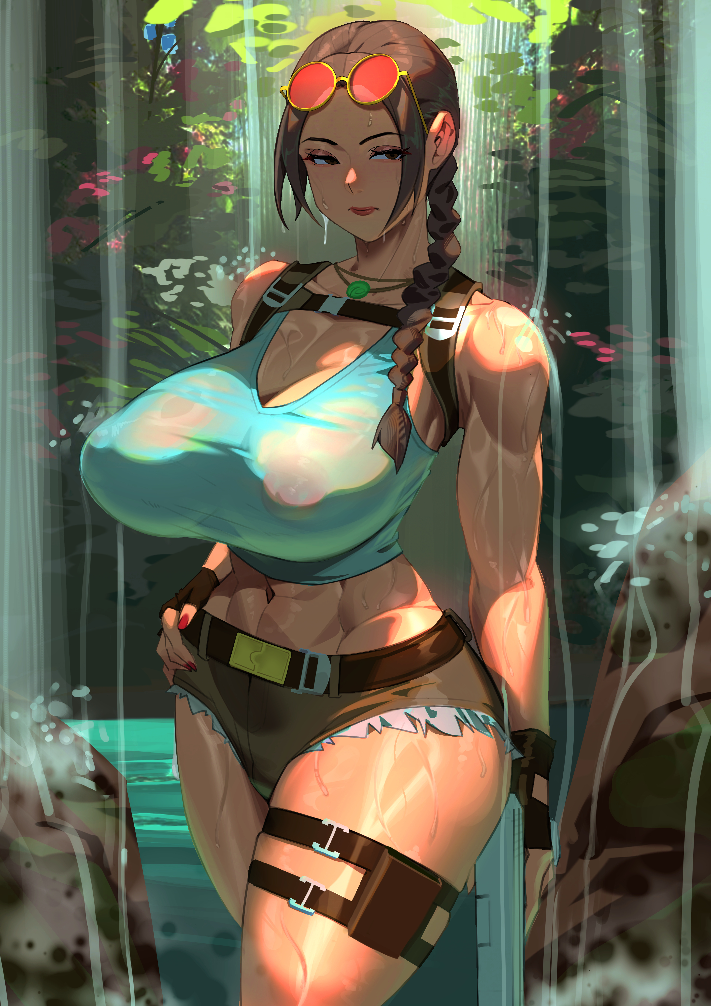 1girls, areolae, areolae visible through clothing, belt, big breasts, blue tank top, bottomwear, braid, braided hair, breasts, brown eyes, brown hair, brown shorts, clothing, cloudy rain4, female, female only, gloves, gun, hair, hand on hip, headwear, holding weapon, holster, huge breasts, lara croft, lara croft (classic), large breasts, lips, nail polish, nails, necklace, neckwear, nipples, nipples visible through clothing, painted fingernails, painted nails, red nail polish, red nails, short shorts, shorts, solo, solo female, sunglasses, sunglasses on head, tank top, thick thighs, thigh strap, thighs, tomb raider, tomb raider (classic), topwear, waterfall, weapon, wet, wet body, wet clothes, wet clothing, wet skin, wet tank top