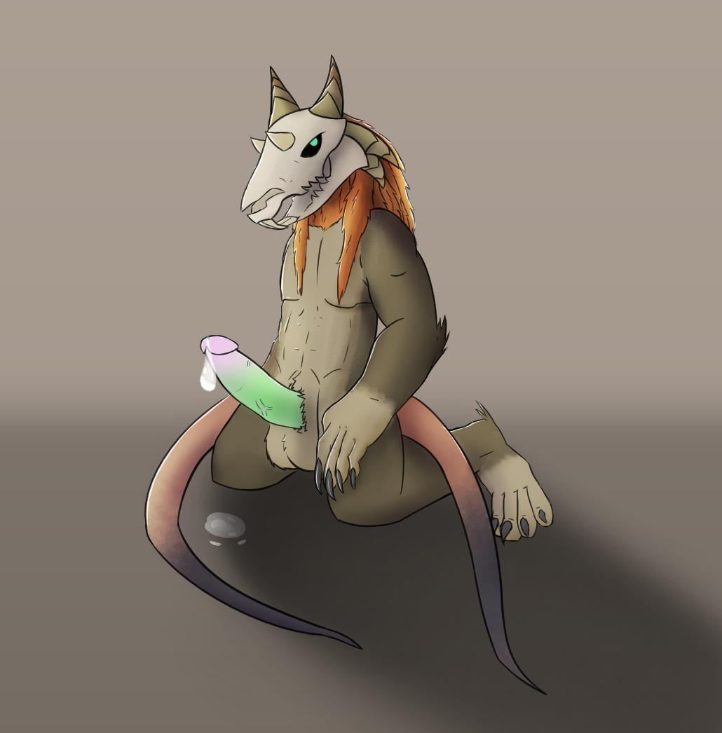 2019 2_tails anthro balls bedethingy digitigrade fur green_eyes green_penis grey_fur hair horn humanoid_penis kneeling long_hair long_tail looking_at_viewer male mammal multi_tail nude penis presenting presenting_penis rat rodent solo