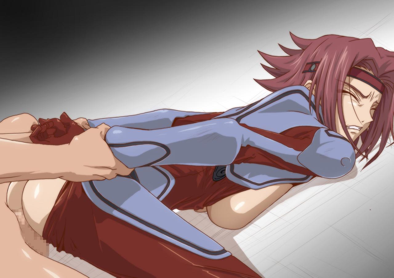 ass, bodysuit, breast press, breasts, censored, clothed, clothed female nude male, code geass, female, highres, human, human only, kallen stadtfeld, kyabakurabakufu, large breasts, male, nude, red hair, sex, short hair, tagme