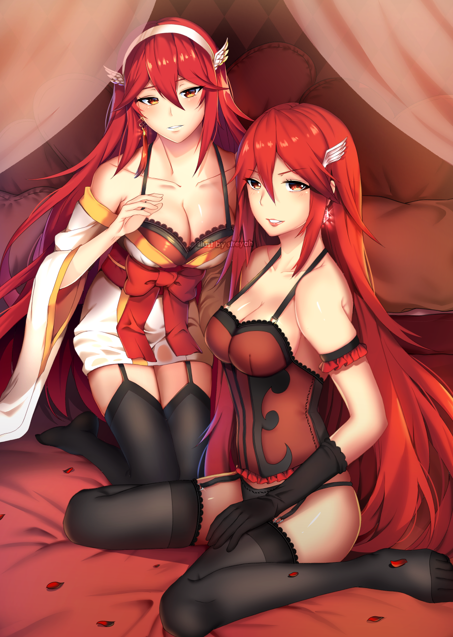 2girls arm_strap artist_name bed black_gloves black_legwear black_panties black_underwear bow breasts bustier caeldori_(fire_emblem) clavicle cleavage cordelia_(fire_emblem) curtains earrings female fire_emblem fire_emblem_awakening fire_emblem_fates full_body garter_straps gloves grandmother_and_granddaughter hair_between_eyes hair_ornament hairband heart heart_pillow high_resolution jewelry kimono kneeling legs_together lingerie lips long_hair looking_at_viewer medium_breasts multiple_girls obi off_shoulder pantsu petals pillow red_eyes red_hair sash short_dress short_kimono sitting smile straight_hair streya thighhighs underwear wafuku wariza wide_sleeves winged_hair_ornament