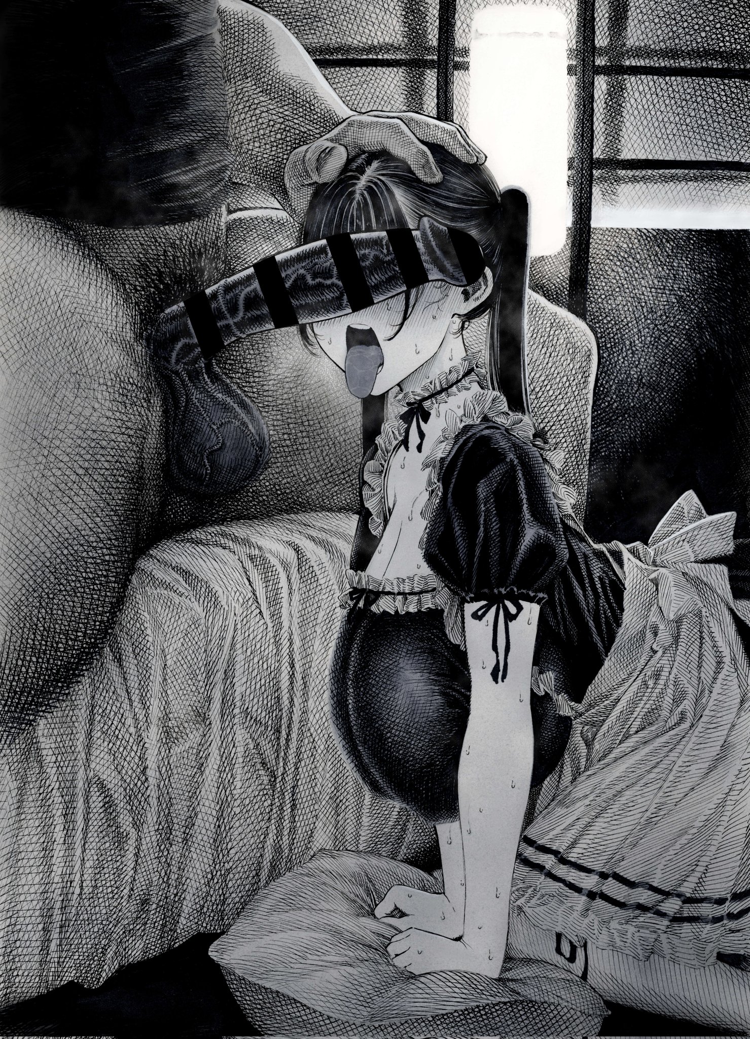 1boy, 1girls, all fours, apron, bed, big penis, black dress, black shirt, blush, bottomless male, breasts, cant see the haters, censor bar, censored, choker, erect penis, erection, frills, greyscale, hi res, hirune (imomonono), huge breasts, huge cock, imminent fellatio, imminent oral, large penis, maid, maid apron, monochrome, open mouth, original, penis, penis awe, penis on face, pillow, sitting, straight, sweat, teeth, thick penis, tongue, tongue out, twintails, veiny penis