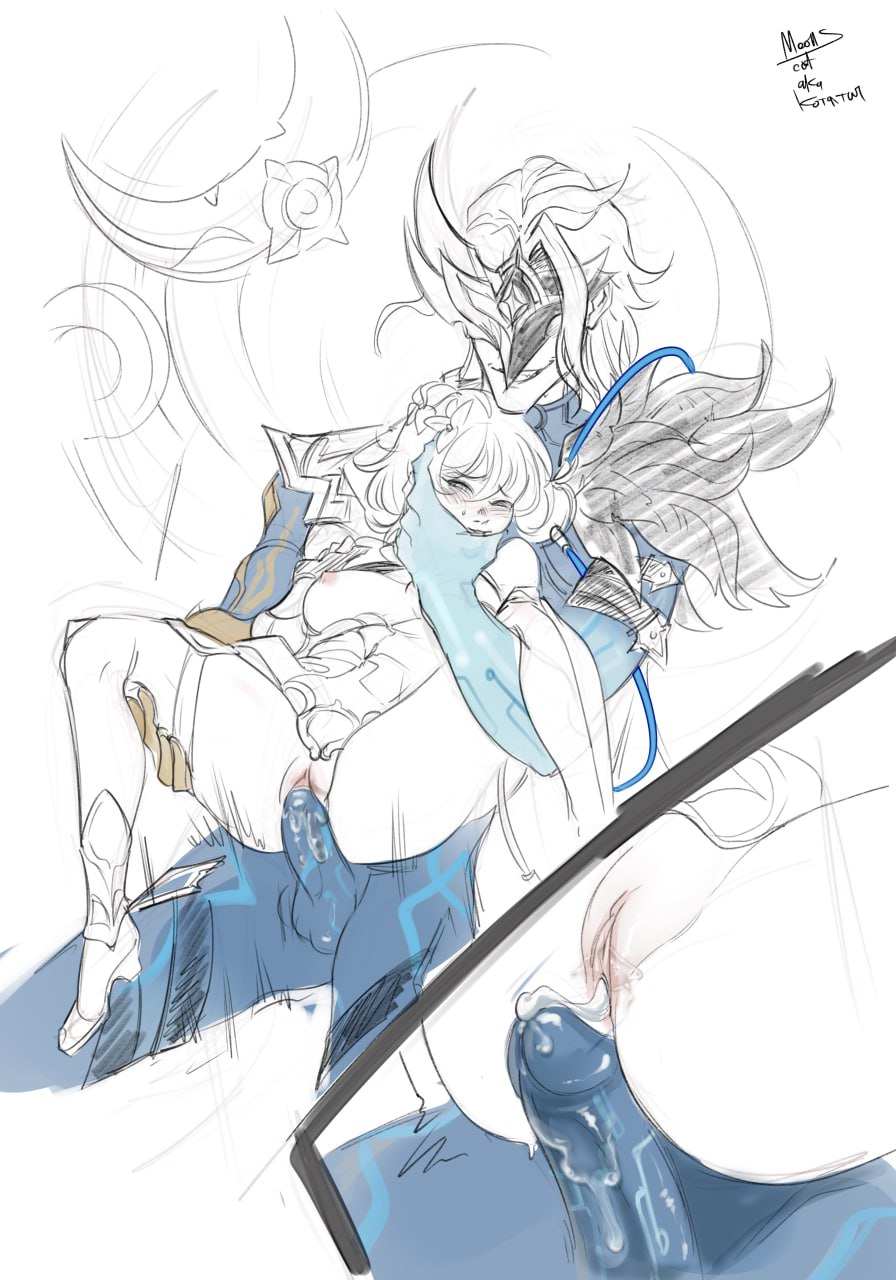 1girls, blue penis, cum in pussy, dottore (genshin impact), genshin impact, lumine (genshin impact), mask, size difference