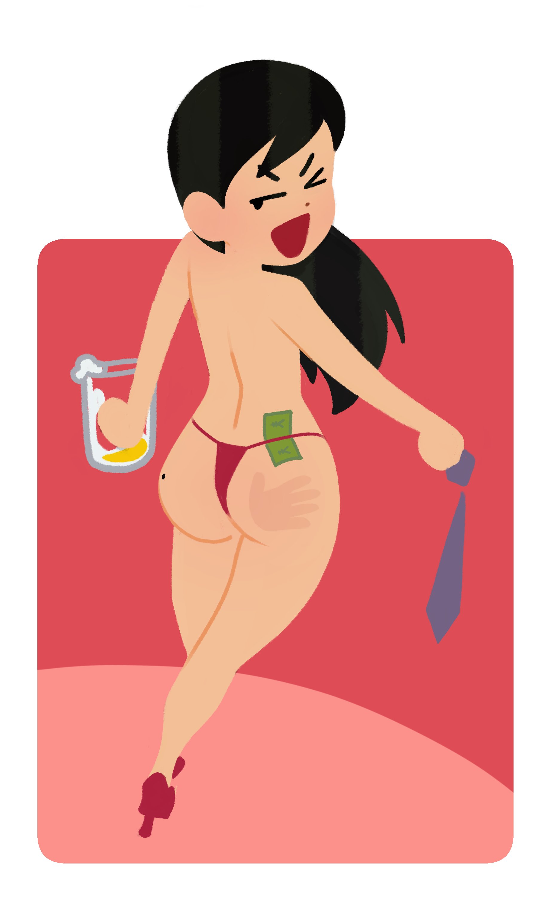 1boy, 2026, back view, beer, behind view, combos-n-doodles, crossdressing, fan art, fanart, irasutoya, irasutoya boss meme, long hair, looking back, male, male focus, male only, meme, mole on ass, money, money in underwear, necktie, no penetration, no sex, panties, red heels, salaryman, slap mark, slap mark on ass, smile, smiling, stripper, style emulation, style imitation, style parody, tagme, tie, twitter trend, wig, winking, winking at another, winking eye
