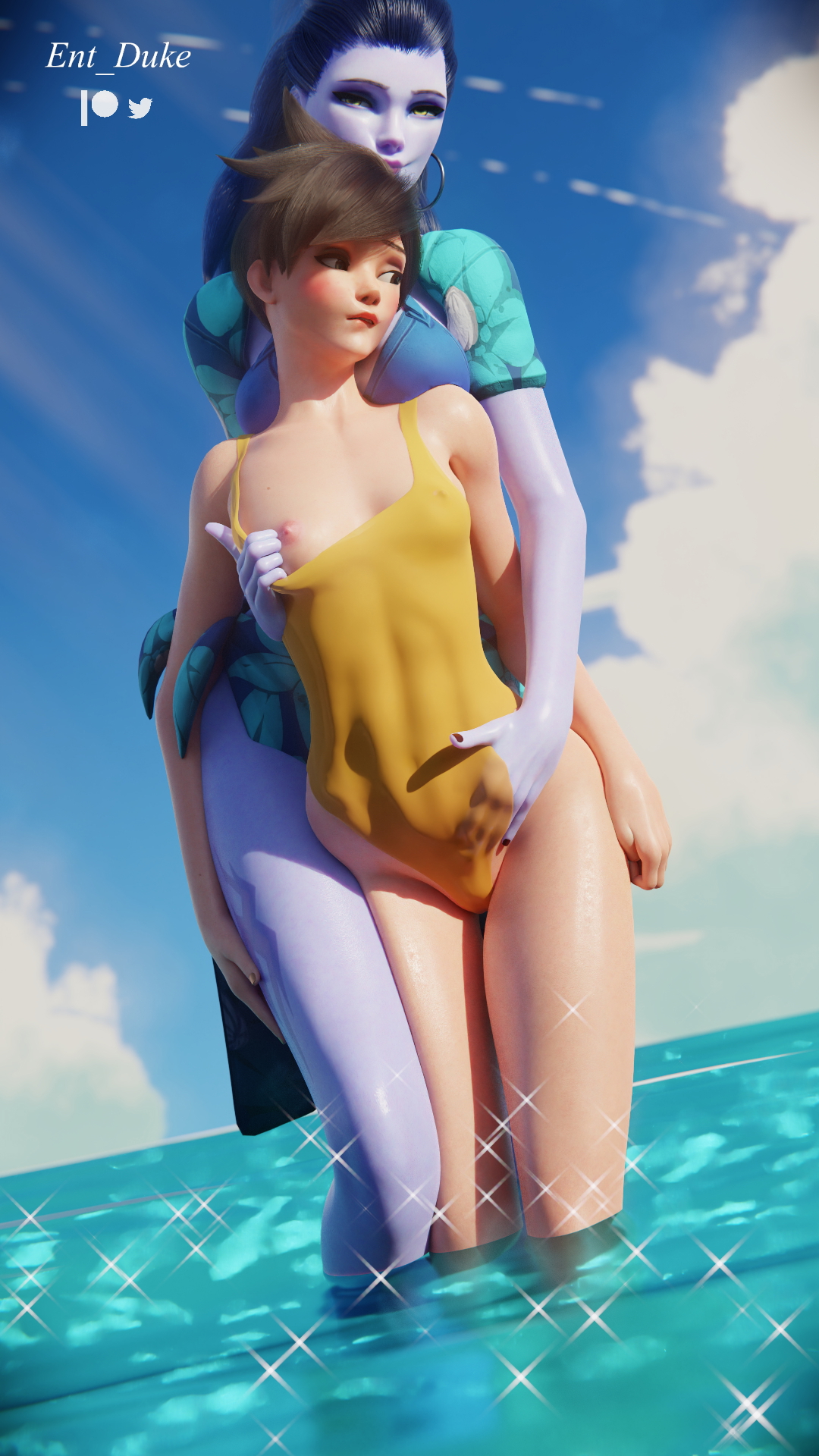 2girls, 3d, 3d (artwork), 3d model, amelie lacroix, beach, biting own lip, blizzard entertainment, blue skin, blue swimwear, breast grab, cote d'azur widowmaker, cuddling, day, daytime, ent duke, european, european female, grabbing breasts, holding, hugging, lena oxton, long hair, looking at partner, looking at viewer, ogling, one breast exposed, one breast out of clothes, overwatch, overwatch 2, pinup, pose, seductive, seductive eyes, seductive look, seductive smile, short hair, sinister grin, sinister smile, smile, standing, standing in water, sunlight, touching hip, towel around waist, tracer, undressing, undressing another, undressing partner, violet hair, widowmaker, yellow eyes, yellow swimsuit, yuri