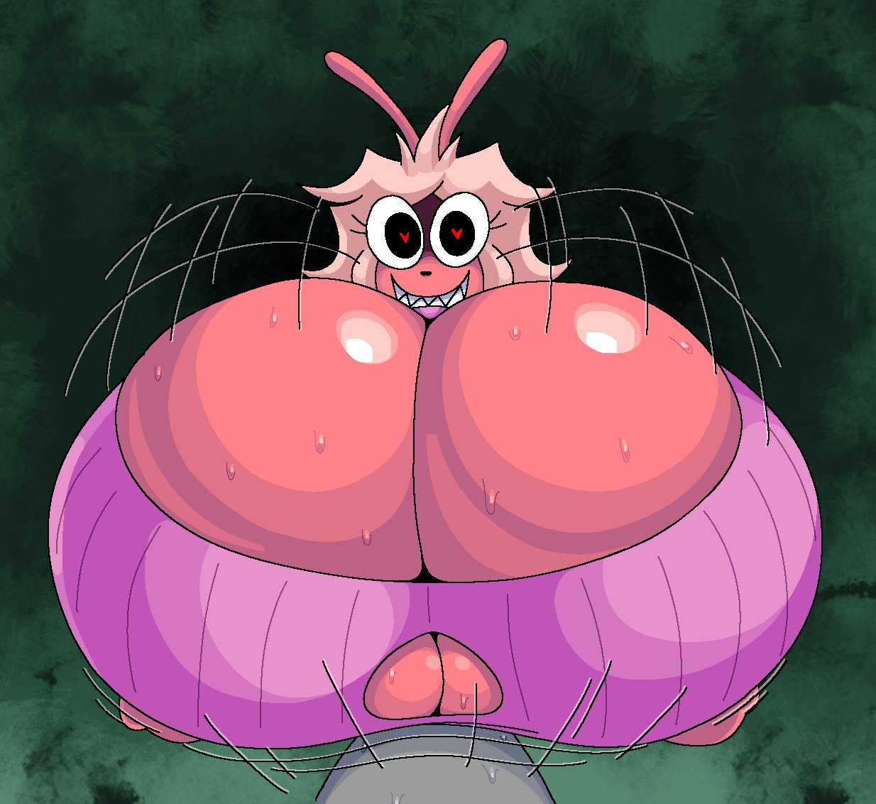 1boy, 1boy1girl, 2026, 2d, 2d (artwork), 2d artwork, anon, anonymous male, boob window, boobjob, breasts, bunny ears, bunny girl, cleavage, clothed, clothing, dominant female, engulfing paizuri, female, femdom, gigantic breasts, gremlingrounded, heart eyes, huge breasts, lagomorph, lagomorph humanoid, large breasts, lipstick, motion lines, original, paizuri, paizuri under clothes, pink body, pink sweater, poly (gremlingrounded), rabbit girl, shaded, sweater, titfuck, titjob