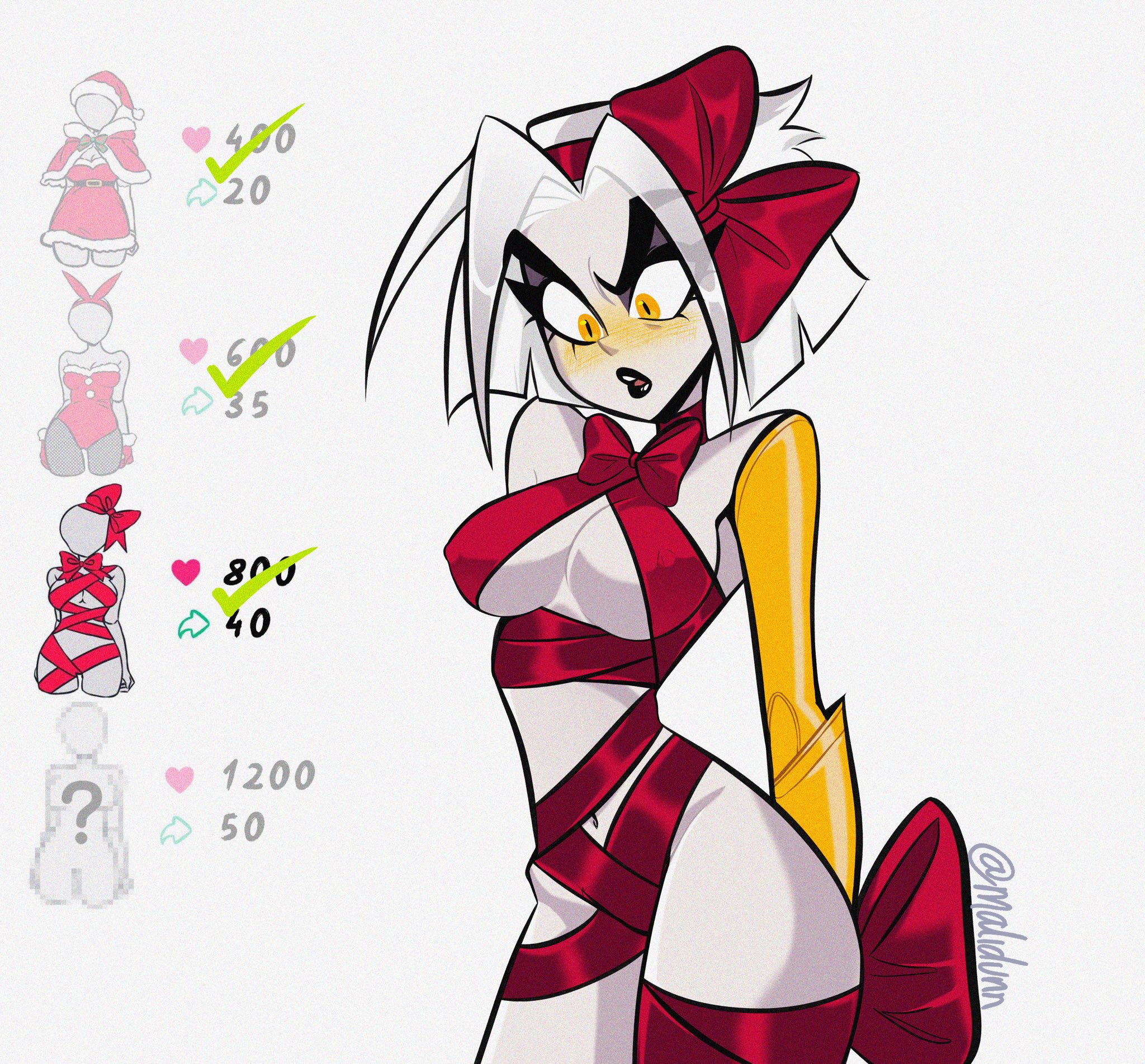1girls, bandage, bare shoulders, big breasts, christmas present, clothed, clothing, color, female, female focus, female only, hazbin hotel, hi res, large breasts, light skin, light-skinned female, lute (hazbin hotel), short hair, solo, solo female, surprised, tagme, thick thighs, vivienne medrano, white hair, yellow eyes