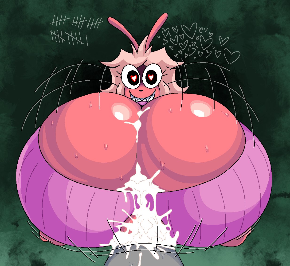 1boy, 1boy1girl, 1girls, 2026, 2d, 2d (artwork), 2d artwork, anon, anonymous male, boob window, boobjob, breasts, bunny ears, bunny girl, cleavage, clothed, clothing, cum, dominant female, ejaculation between breasts, engulfing paizuri, female, femdom, gigantic breasts, gremlingrounded, heart eyes, heart symbol, huge breasts, lagomorph, lagomorph humanoid, large breasts, motion lines, multiple orgasms, original, paizuri, paizuri under clothes, pink body, pink sweater, poly (gremlingrounded), post-orgasm torture, rabbit girl, shaded, sweater, tally marks, titjob