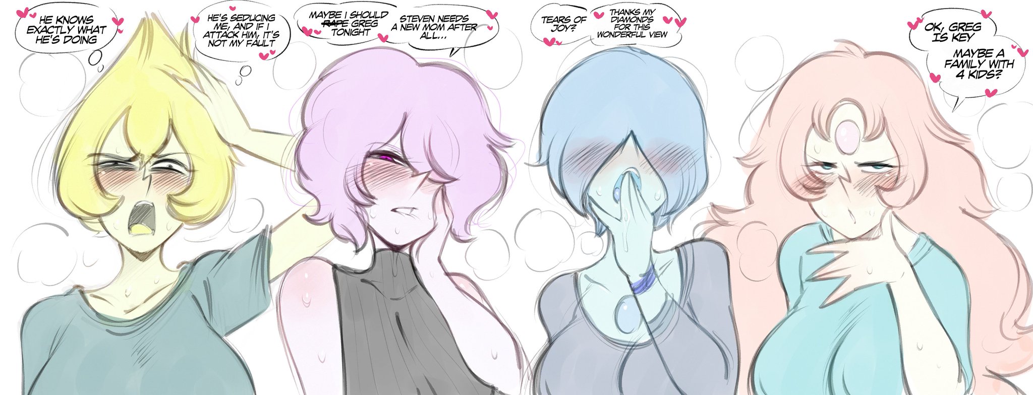 4girls, alien, alien girl, alien humanoid, anger vein, angry, blue hair, blue leotard, blue pearl (steven universe), blue skin, blush, breasts, cartoon network, cleavage, dialogue, english text, female, female only, gem (species), hair over eyes, heart, hi res, horny female, leotard, long hair, pearl (steven universe), pink eyes, pink hair, pink pearl (steven universe), saltyxodium, shaking, shocked, shocked expression, short hair, spiky hair, spoken heart, steven universe, steven universe future, strapless, strapless leotard, sweat, sweating, volleyball (steven universe), yellow eyes, yellow hair, yellow pearl (steven universe)